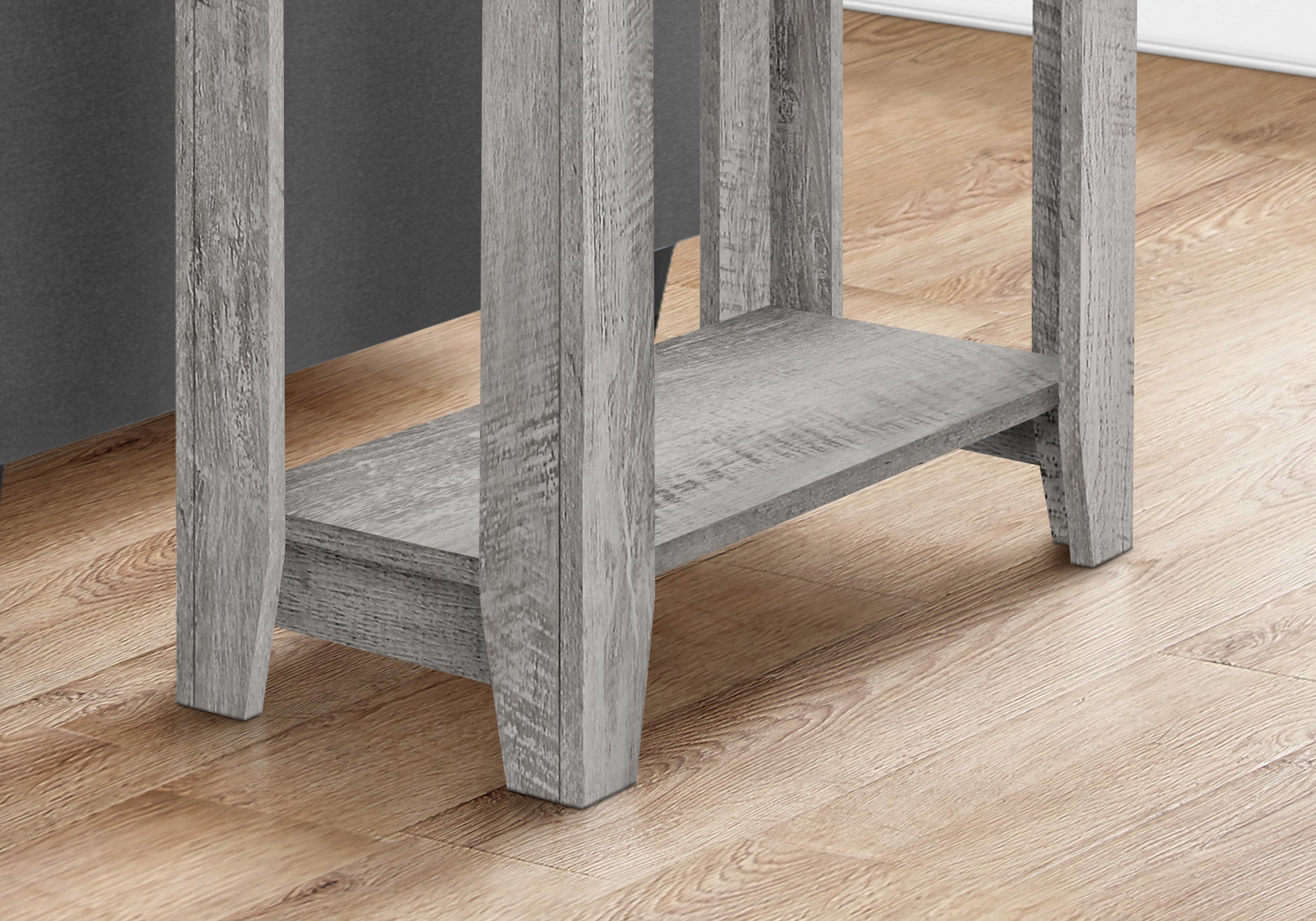 Gray distressed wood end table with two shelves perfect for living room storage