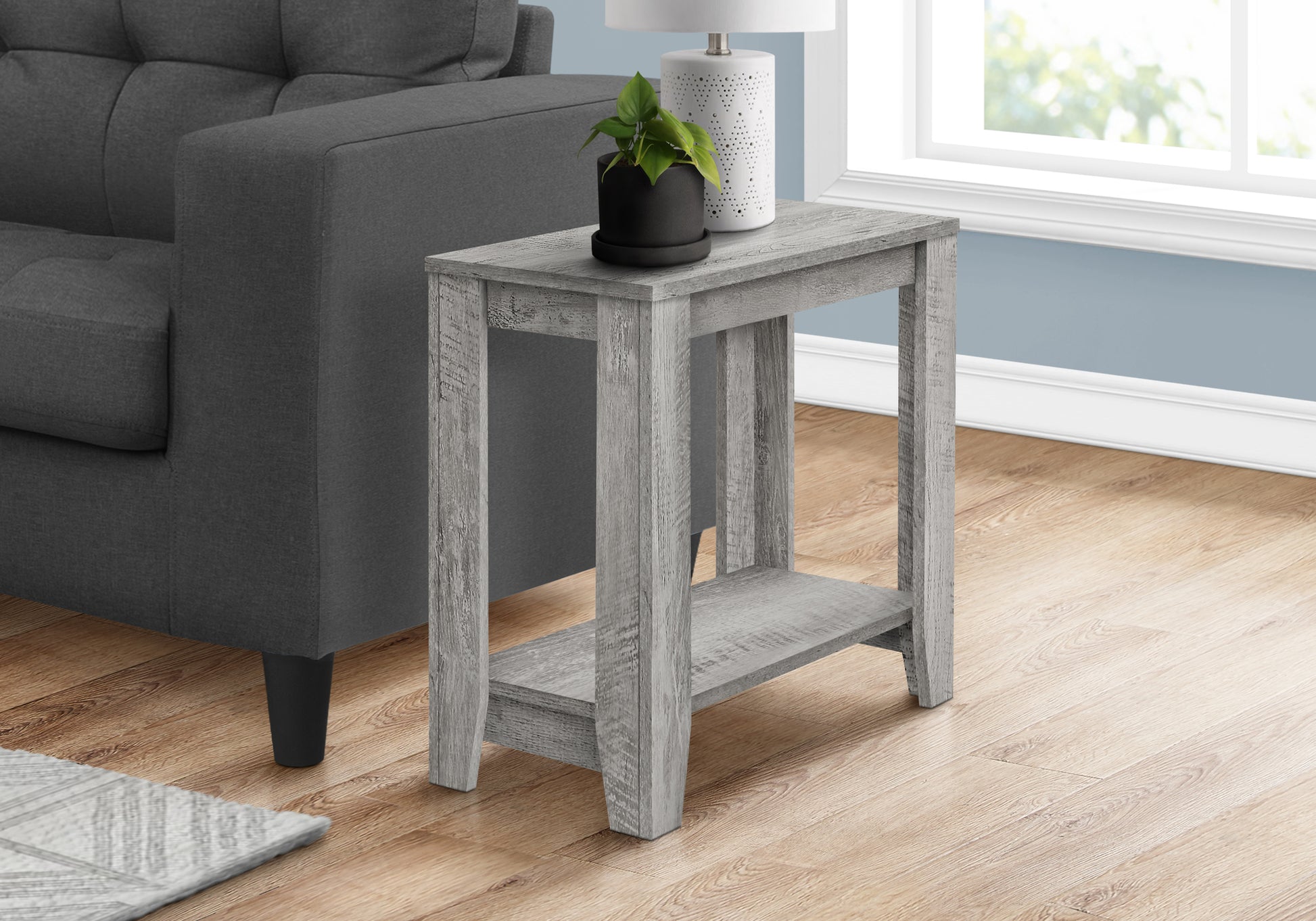 Gray woodgrain end table with shelf perfect for living room accents