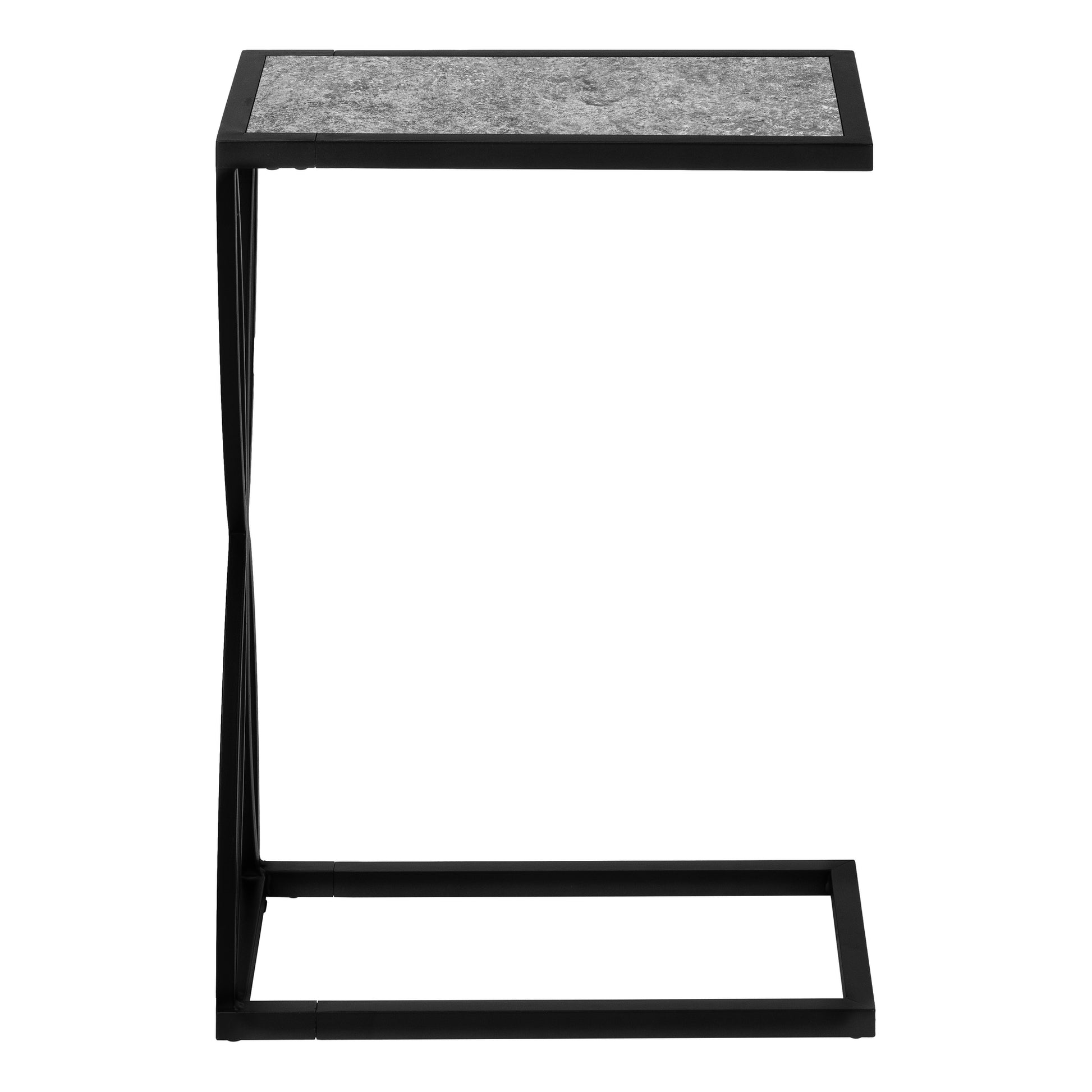 Modern C table with black metal frame and grey speckled faux stone top for living rooms