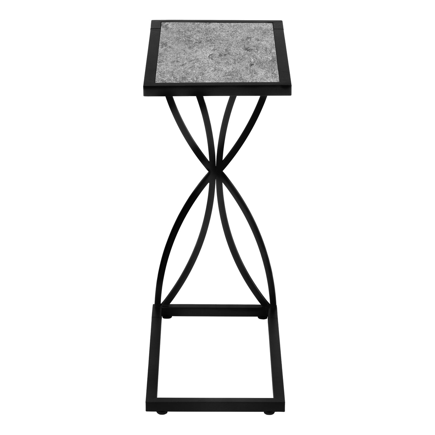 Black metal accent table with a textured gray stonelook top and elegant curved legs