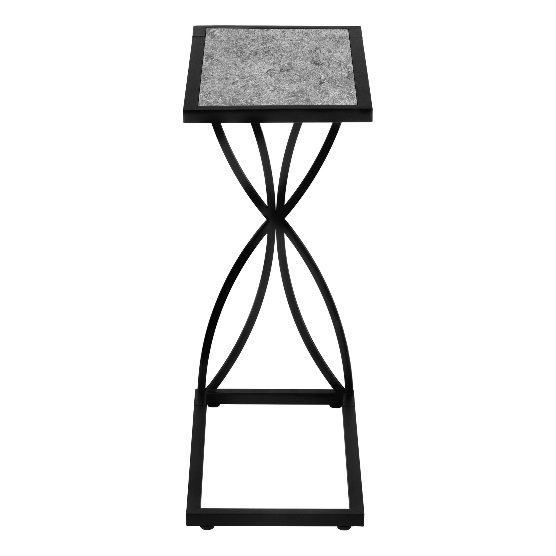 Black metal accent table with a textured gray stonelook top and elegant curved legs