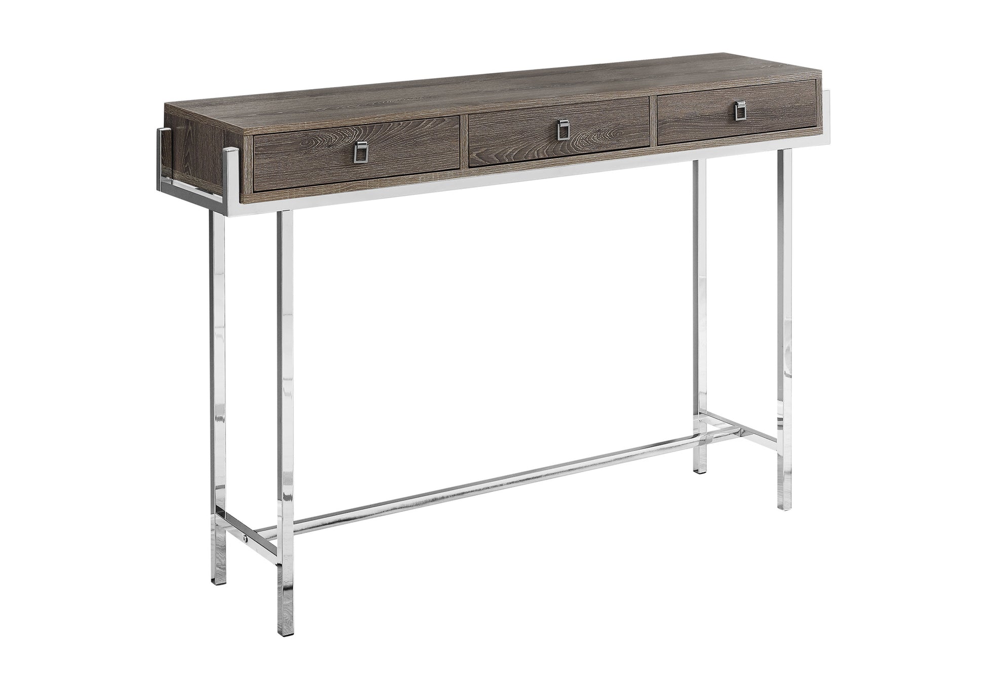 Slim dark wood console table with three drawers and chrome legs