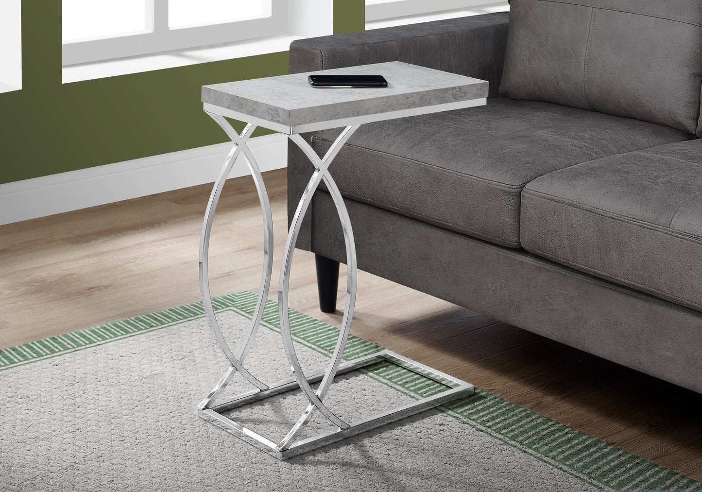 Modern Ctable with faux concrete top and chrome base perfect for small living spaces