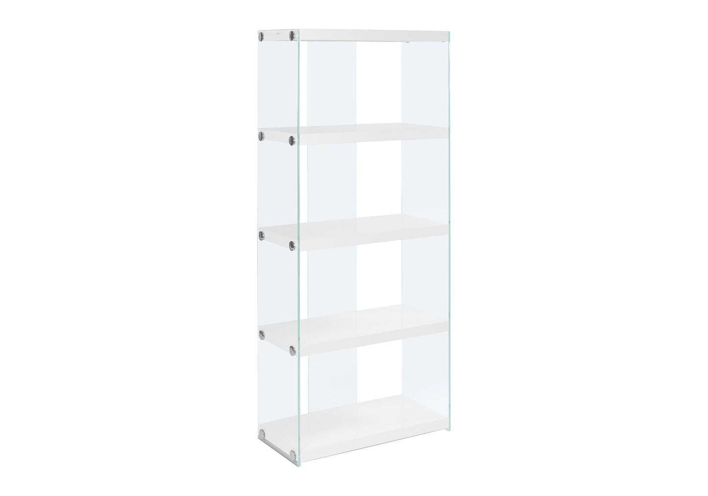 Modern fourshelf glass display bookcase with white shelves and chrome accents