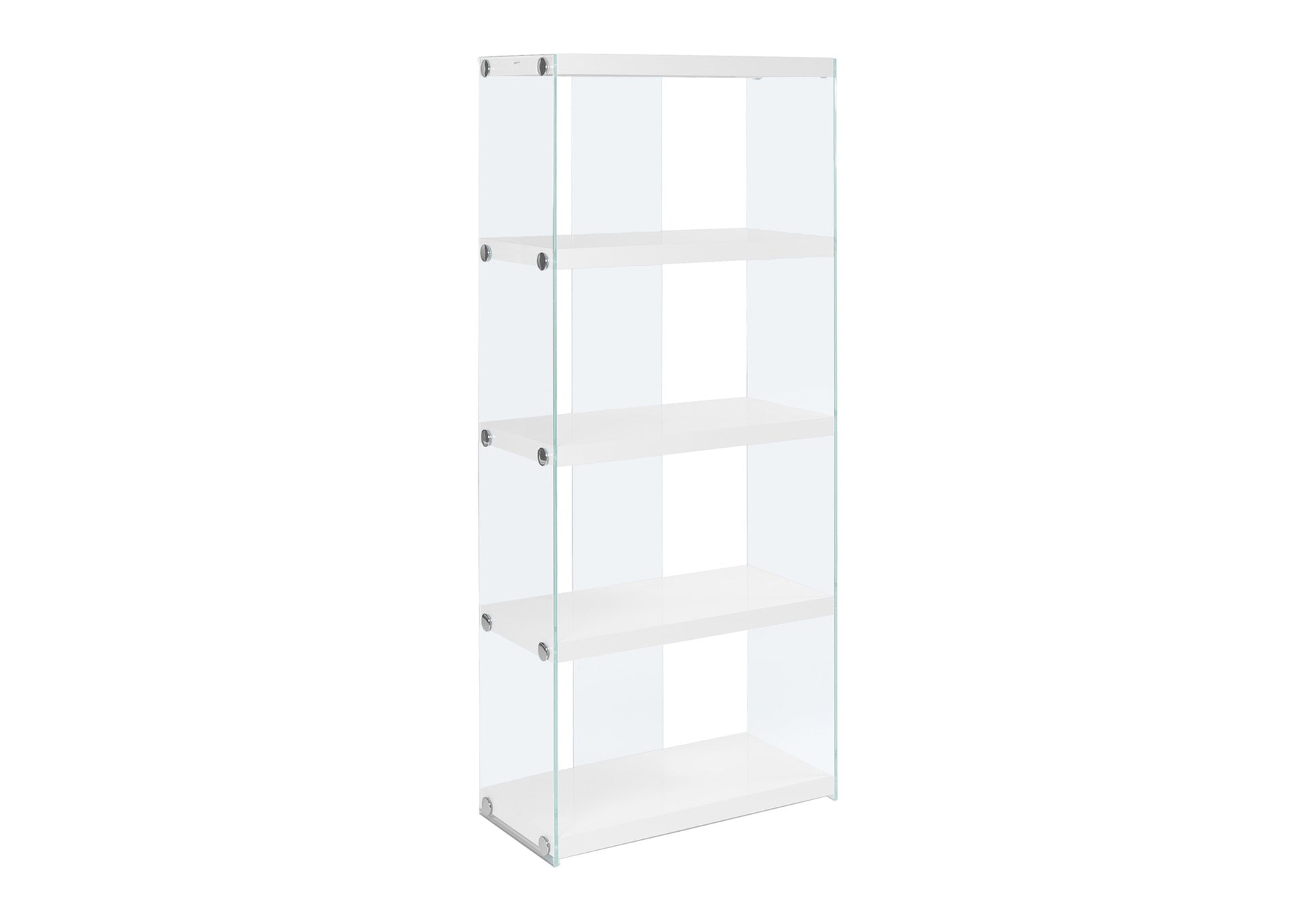 Modern fourshelf glass display bookcase with white shelves and chrome accents