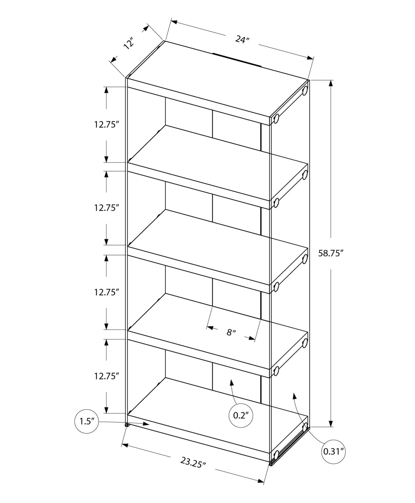 Line drawing of a fivetier bookshelf measuring  H x  W x  D