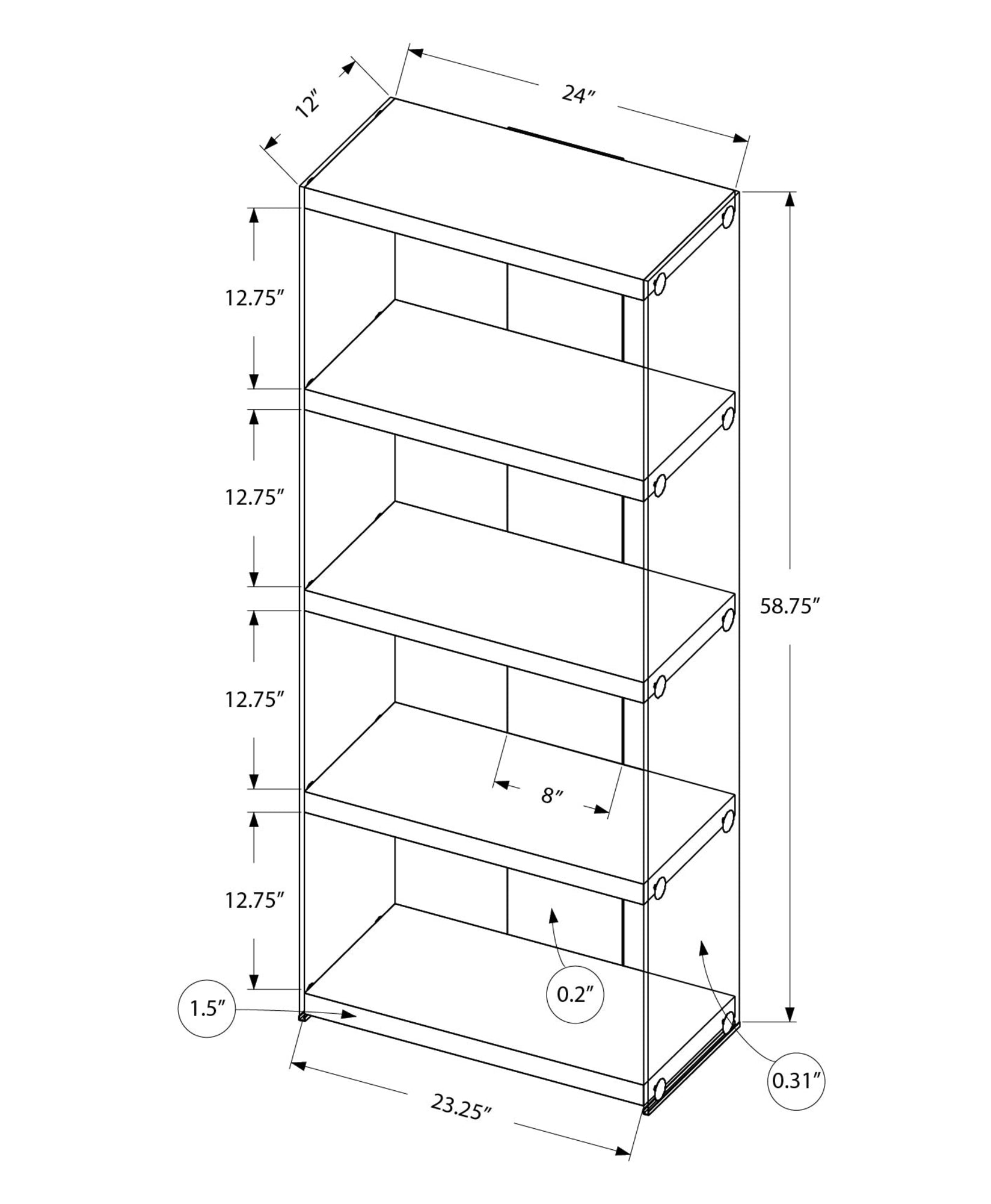 Line drawing of a fivetier bookshelf measuring  H x  W x  D