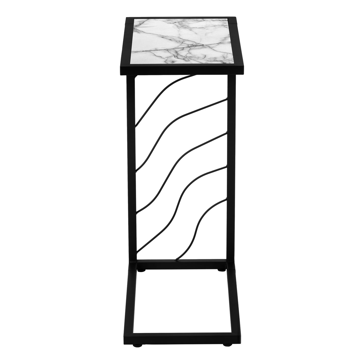 Sleek Cshaped side table with a marblepatterned top and black metal frame with decorative wavy supports