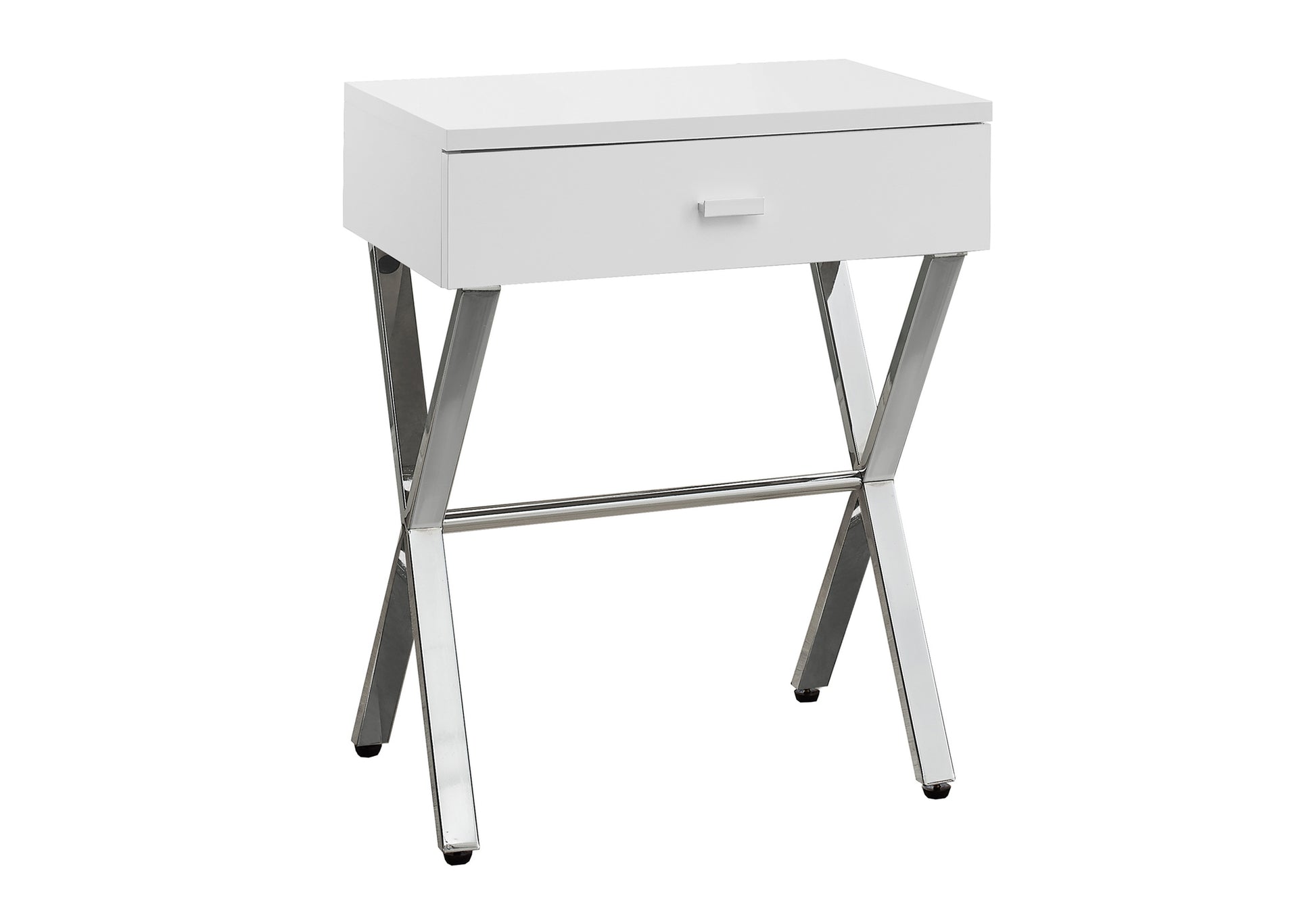 White modern nightstand with chrome Xleg base and single drawer