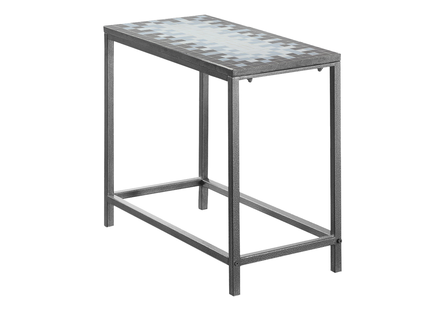 Rectangular metal accent table with a mosaic tile top featuring blue and grey squares