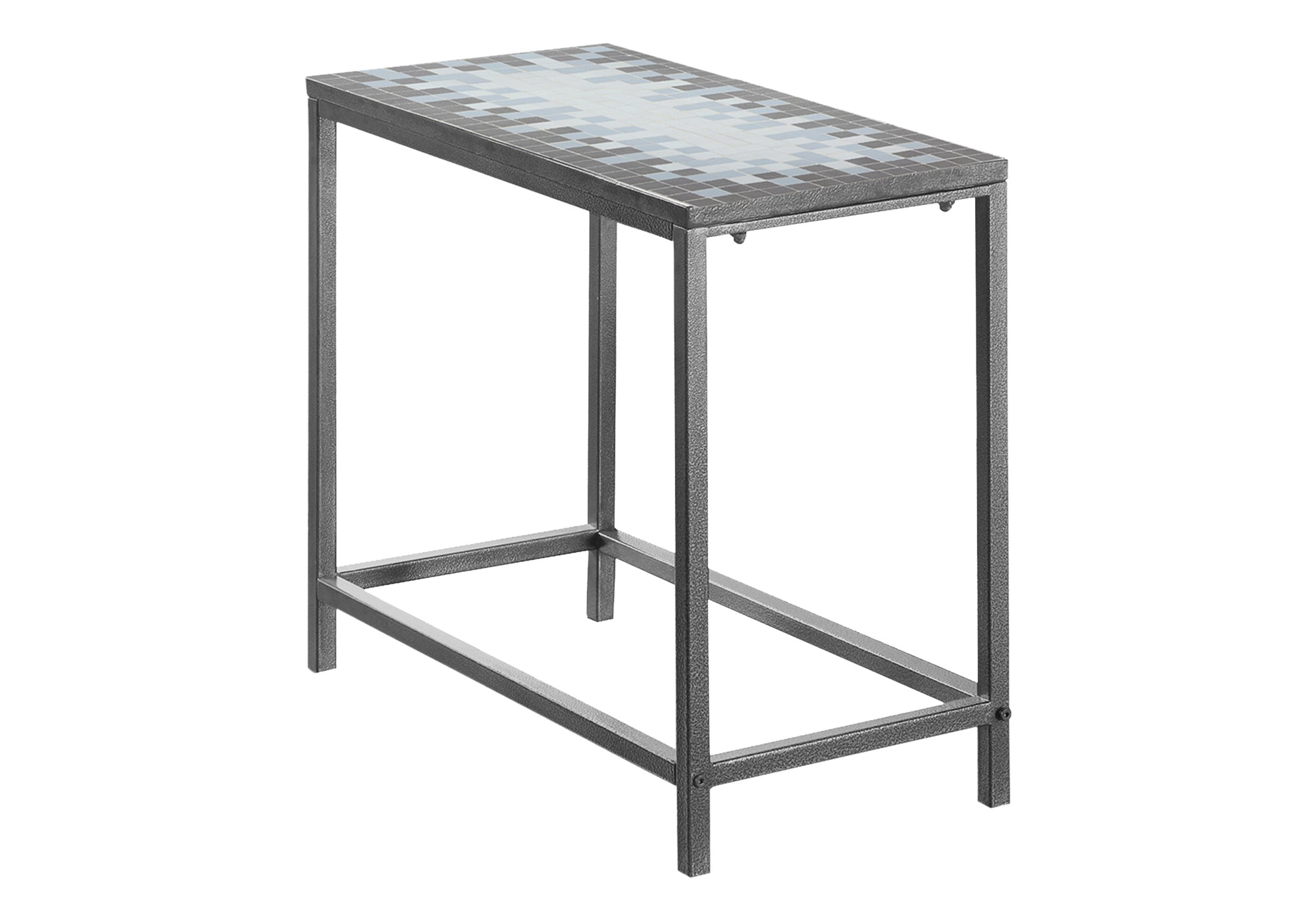 Rectangular metal accent table with a mosaic tile top featuring blue and grey squares