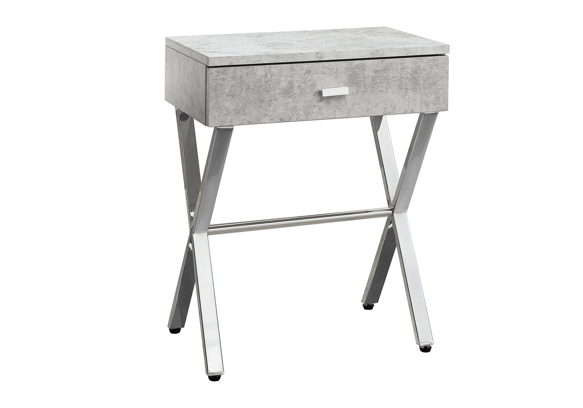 Gray concretelook nightstand with a silver drawer pull and chrome Xframe legs