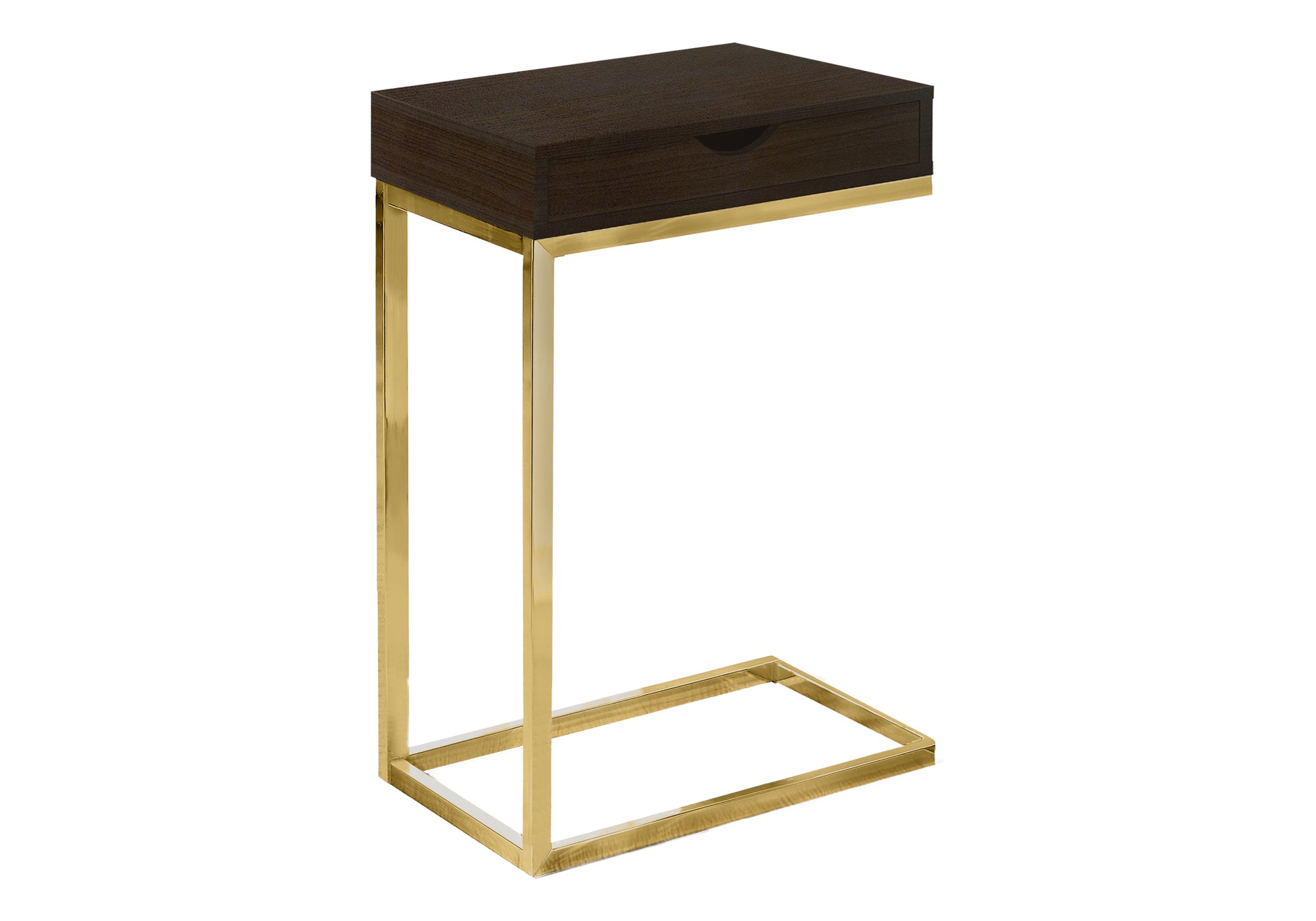 Dark wood and brass ctable with single drawer for living room use
