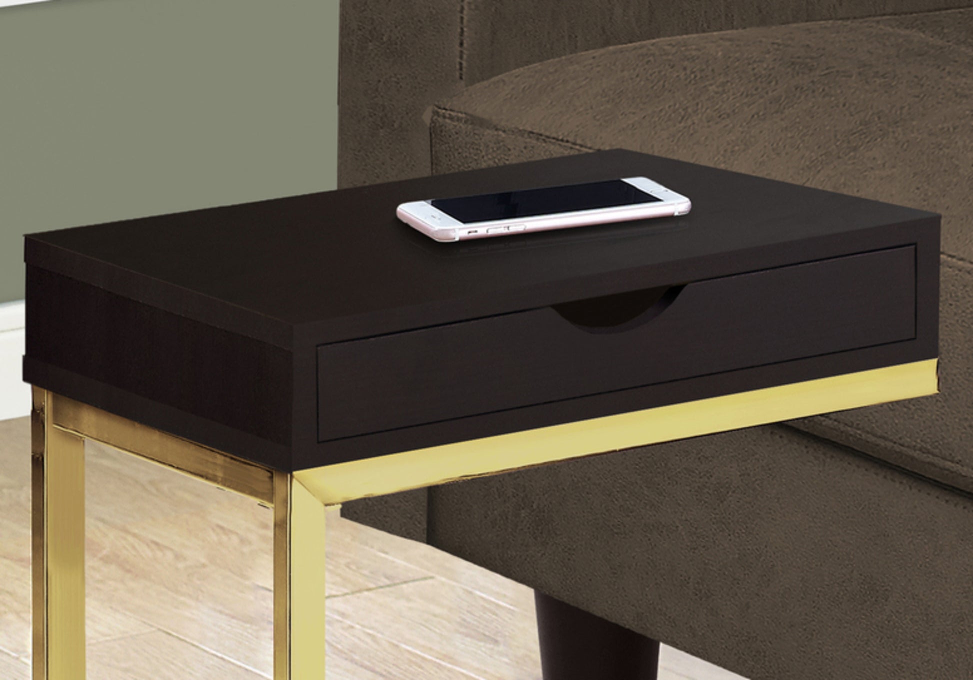 Dark brown modern end table with gold metal legs and one drawer