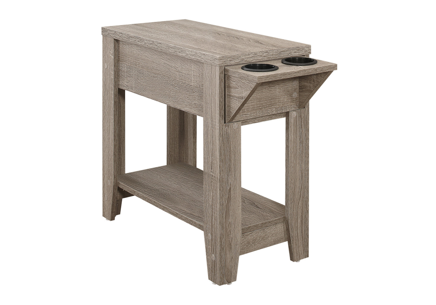 Gray wood narrow side table with two cup holders and a shelf