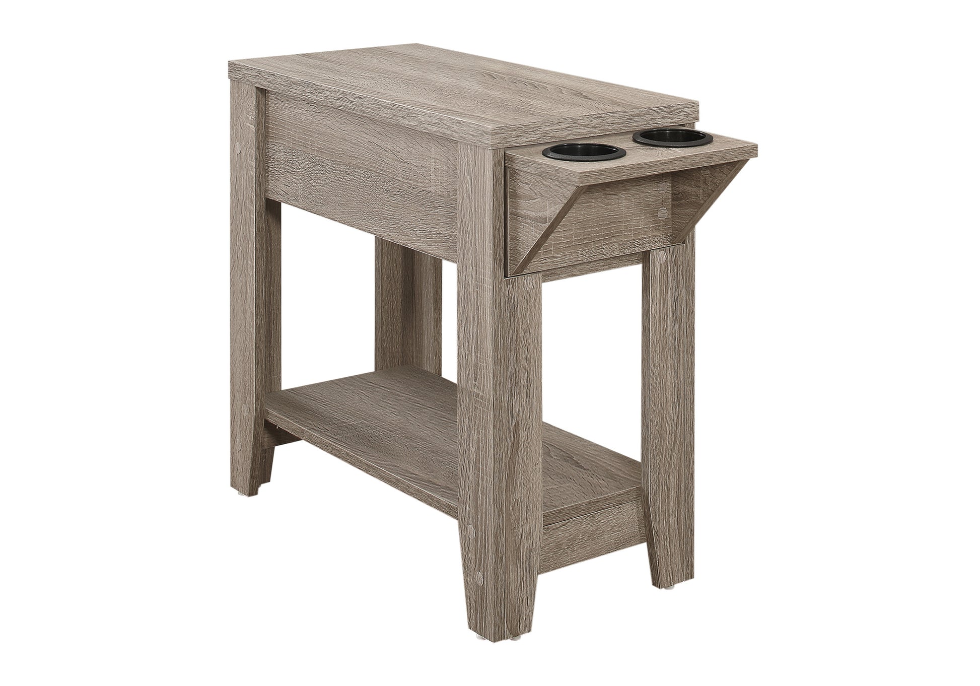 Gray wood narrow side table with two cup holders and a shelf
