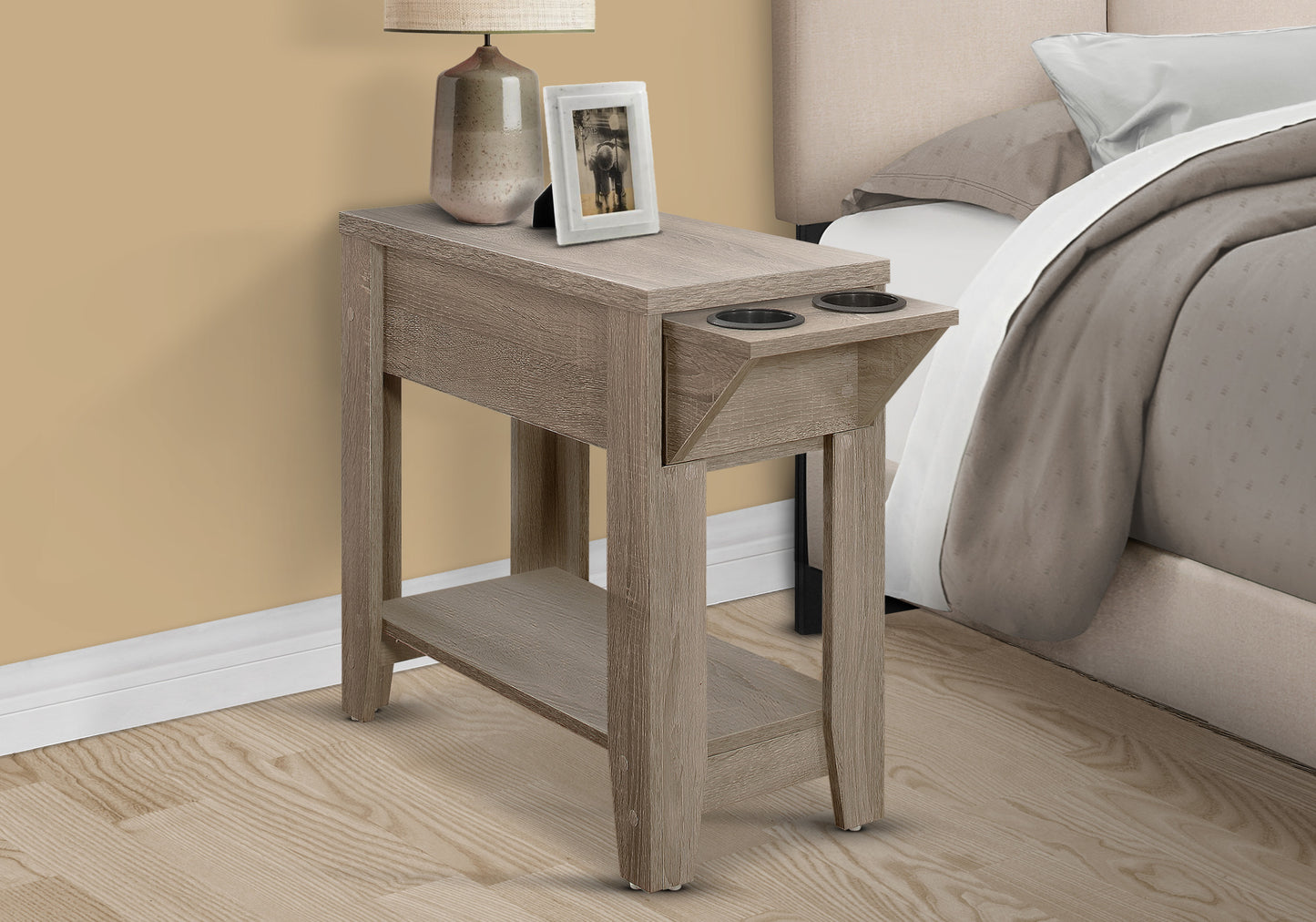 Taupe wood narrow end table with two cup holders and a lower shelf perfect for small spaces