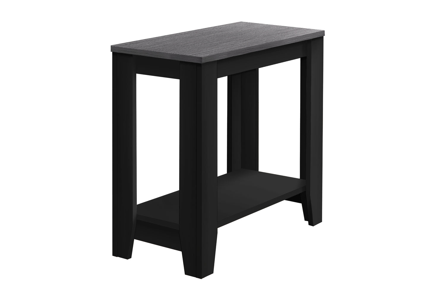 Sleek black side table with a grey wood grain top and lower shelf