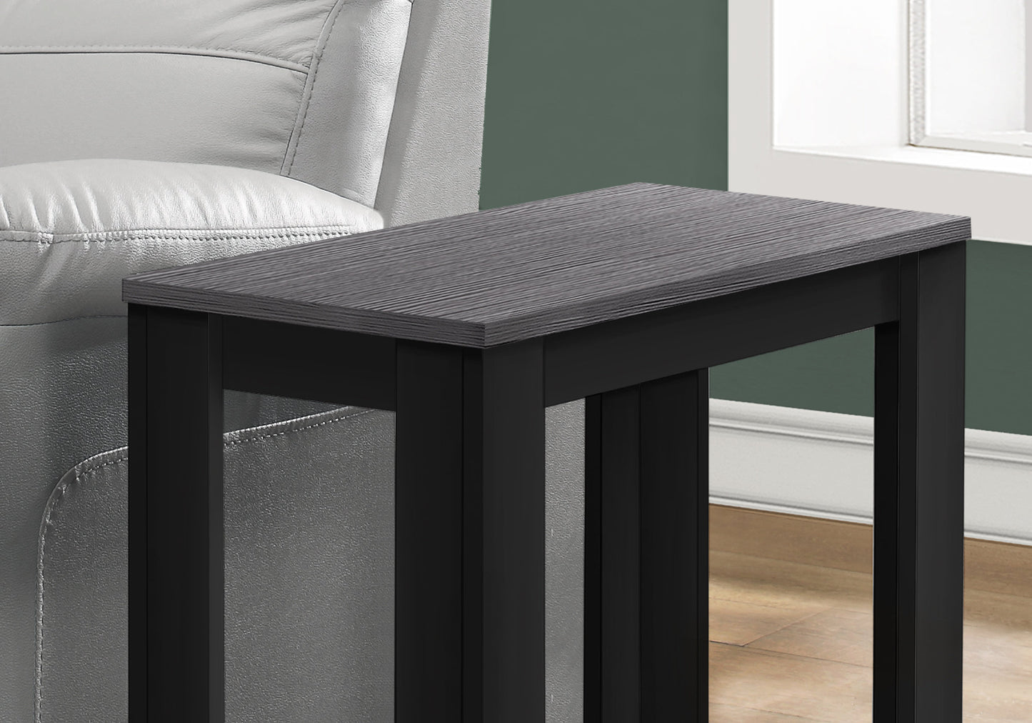 Gray wood grain top Ctable with black metal frame for small spaces