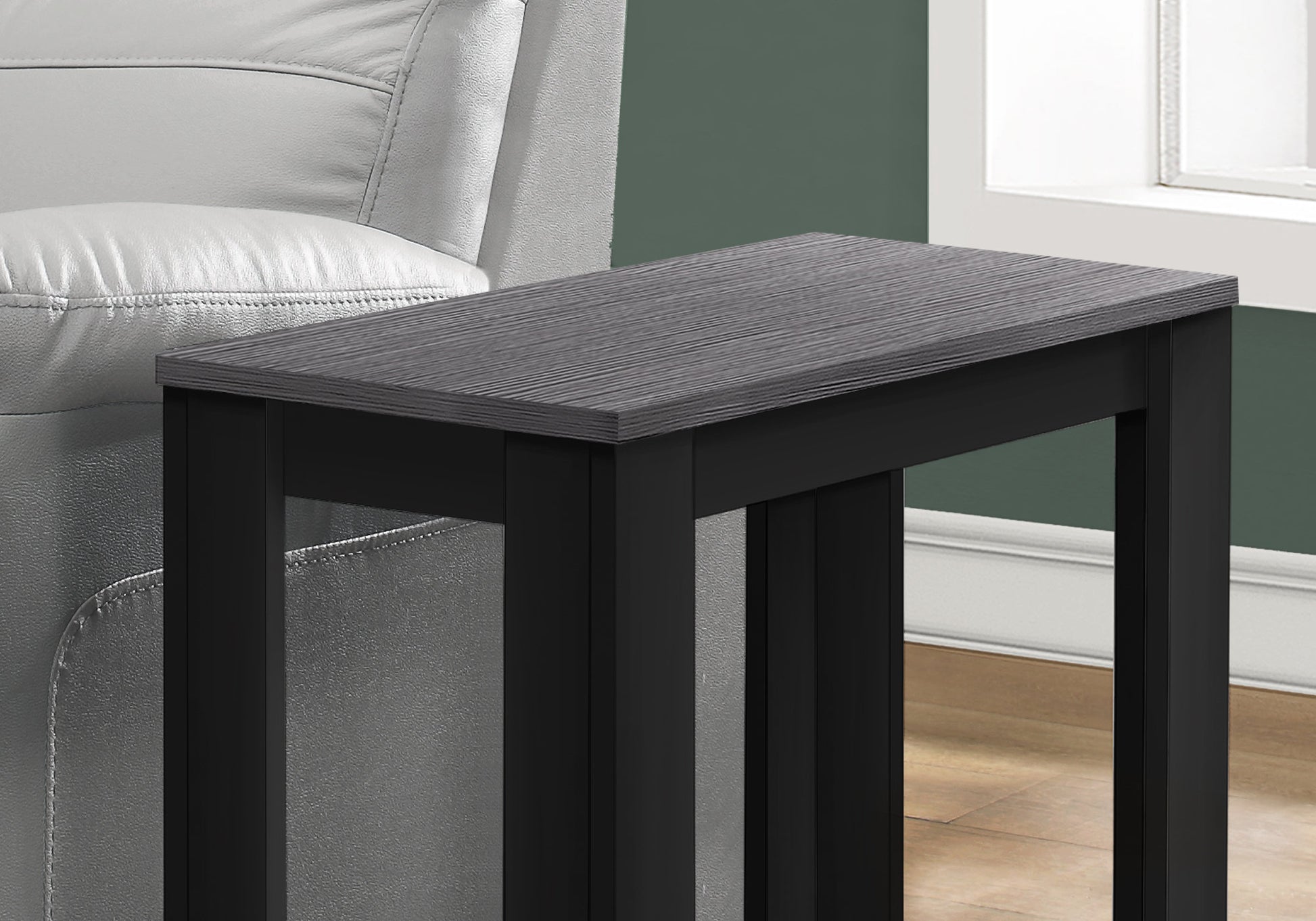 Gray wood grain top Ctable with black metal frame for small spaces