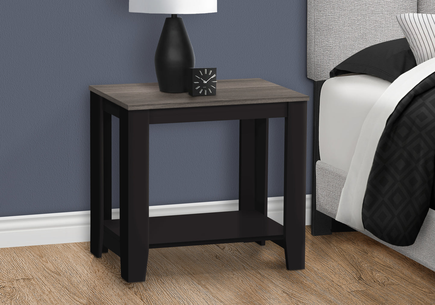 Modern black and gray wood accent table with shelf perfect for bedrooms