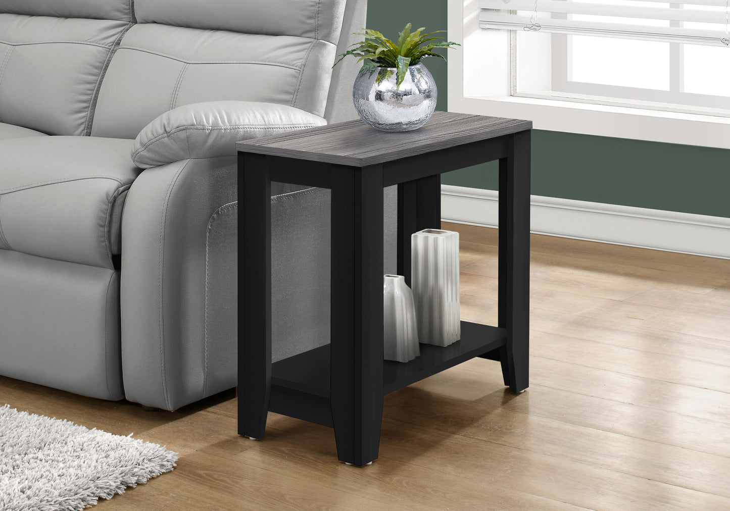 Modern gray and black end table with two shelves perfect for living rooms