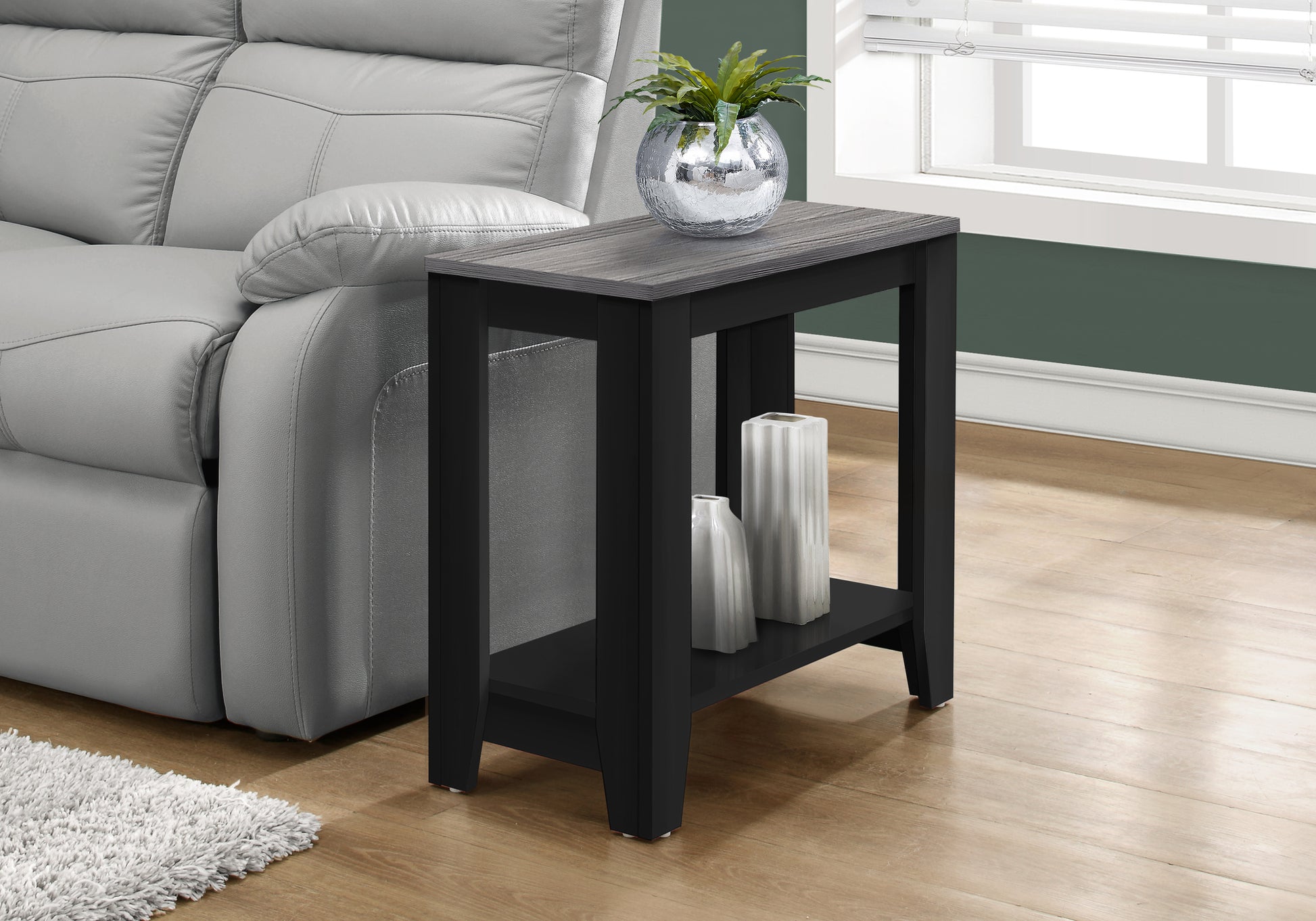 Modern gray and black end table with two shelves perfect for living rooms
