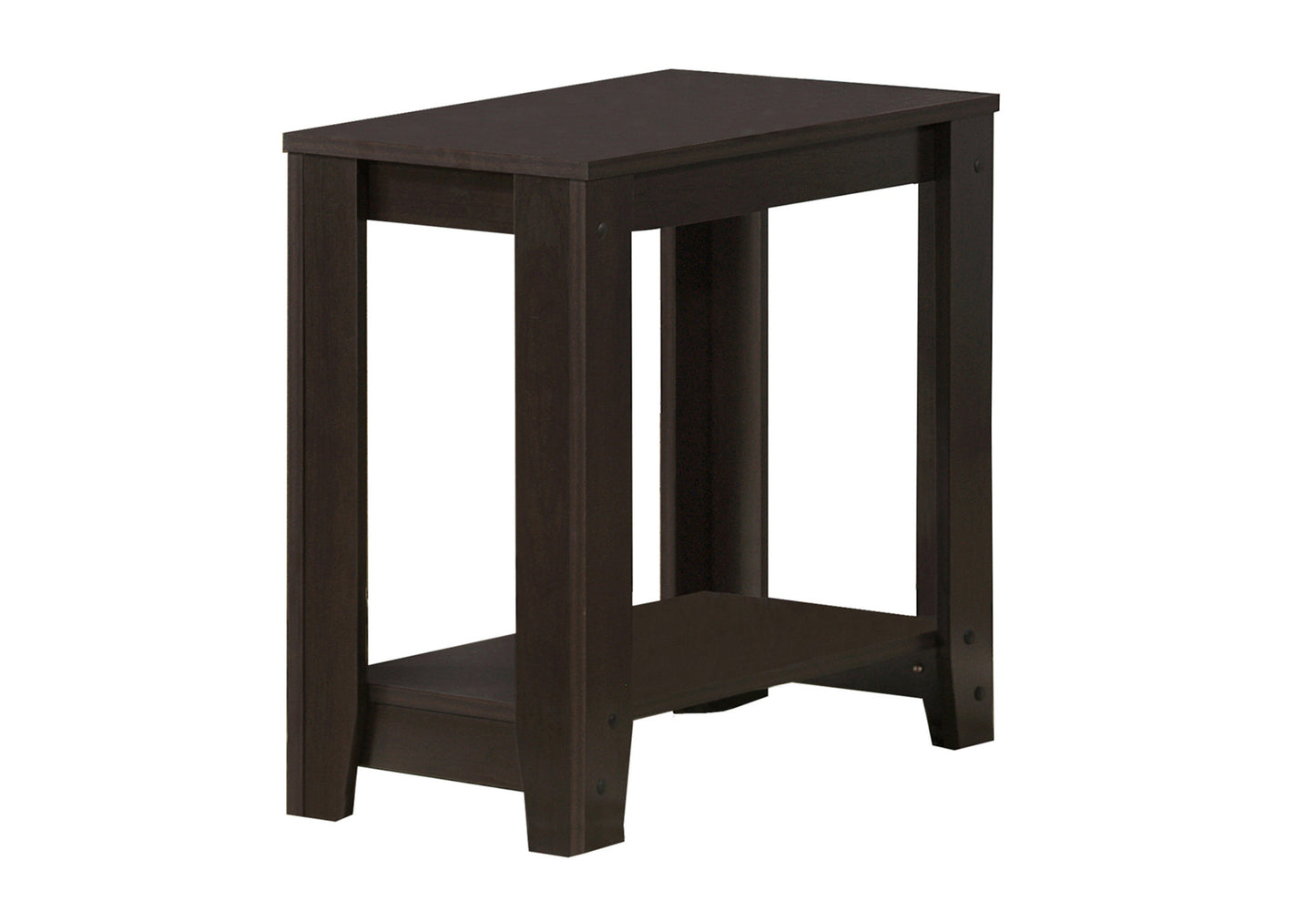 Dark brown wooden end table with a lower shelf for storage