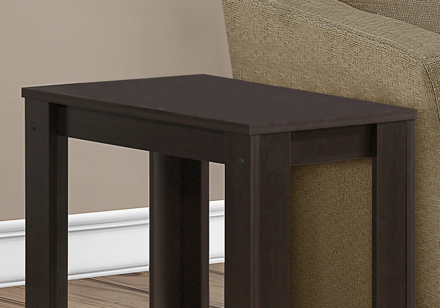 Dark espresso rectangular end table with clean lines perfect for small spaces