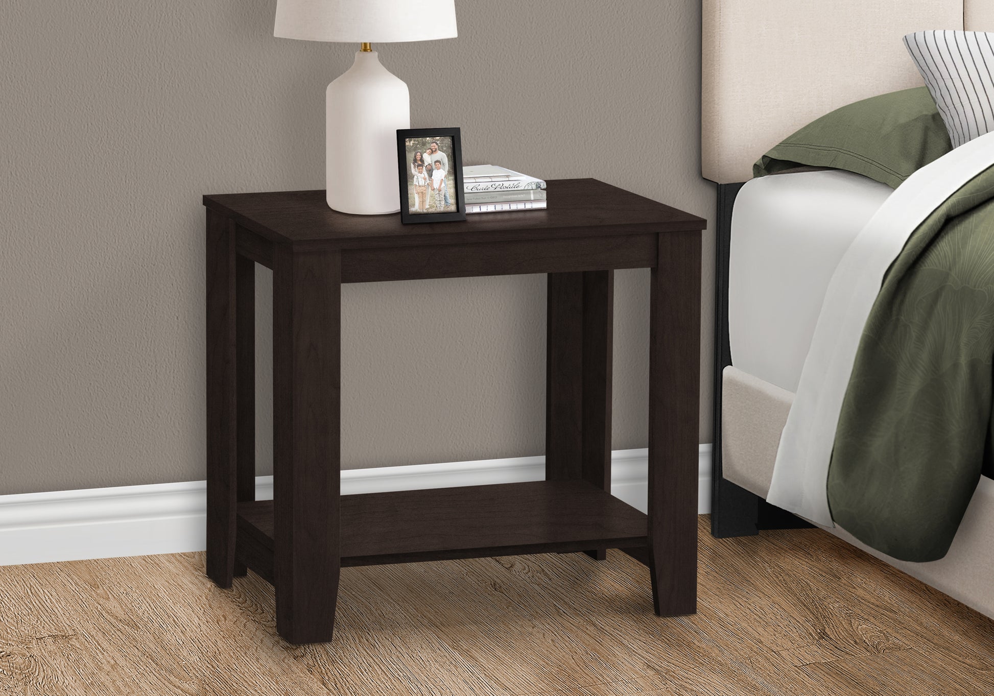 Dark espresso wood accent table with lower shelf perfect for bedside storage