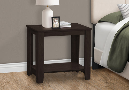 Dark espresso wood accent table with lower shelf perfect for bedside storage