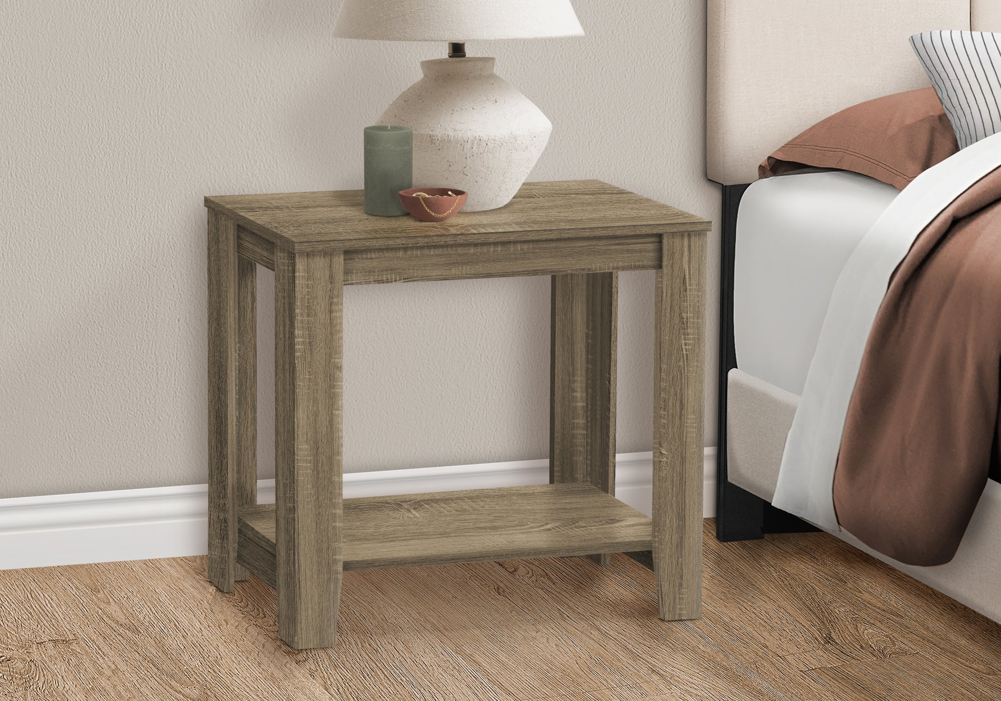 Rustic oak wood nightstand with open shelf and clean lines