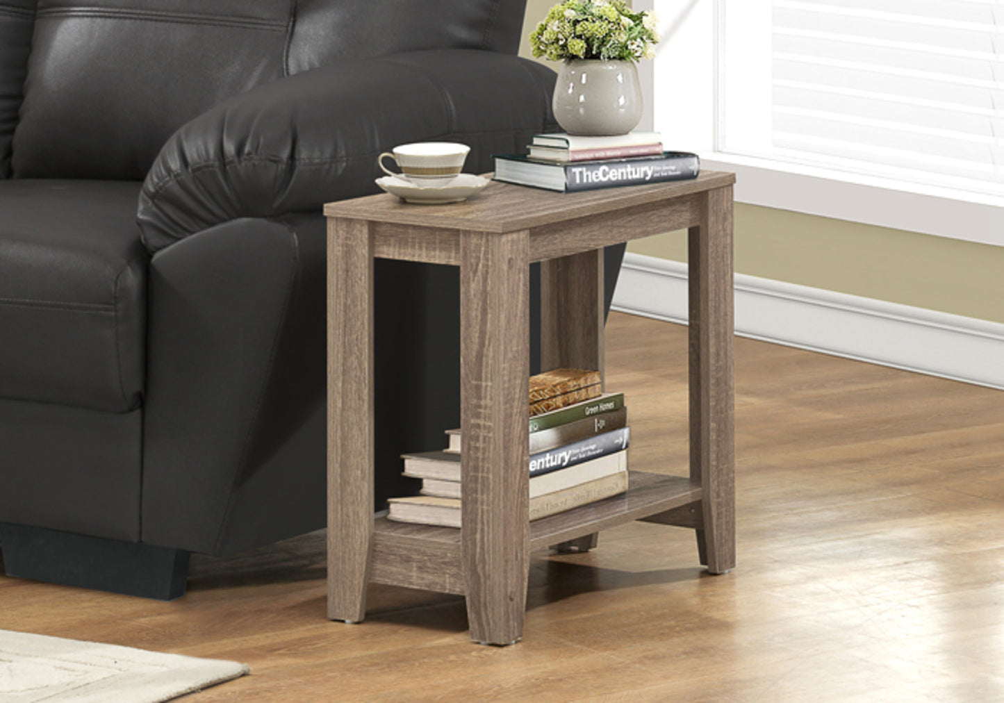Rustic brown wood end table with two shelves perfect for living rooms