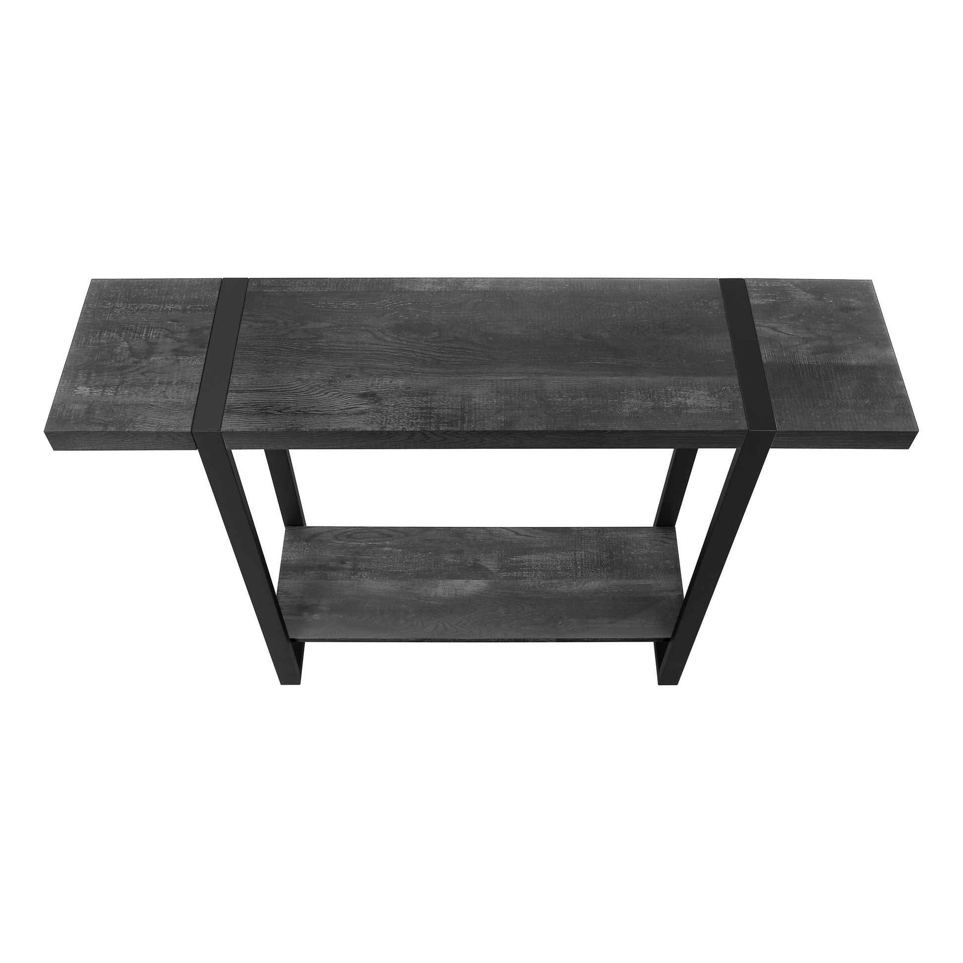 Dark grey wood console table with black metal frame and two shelves