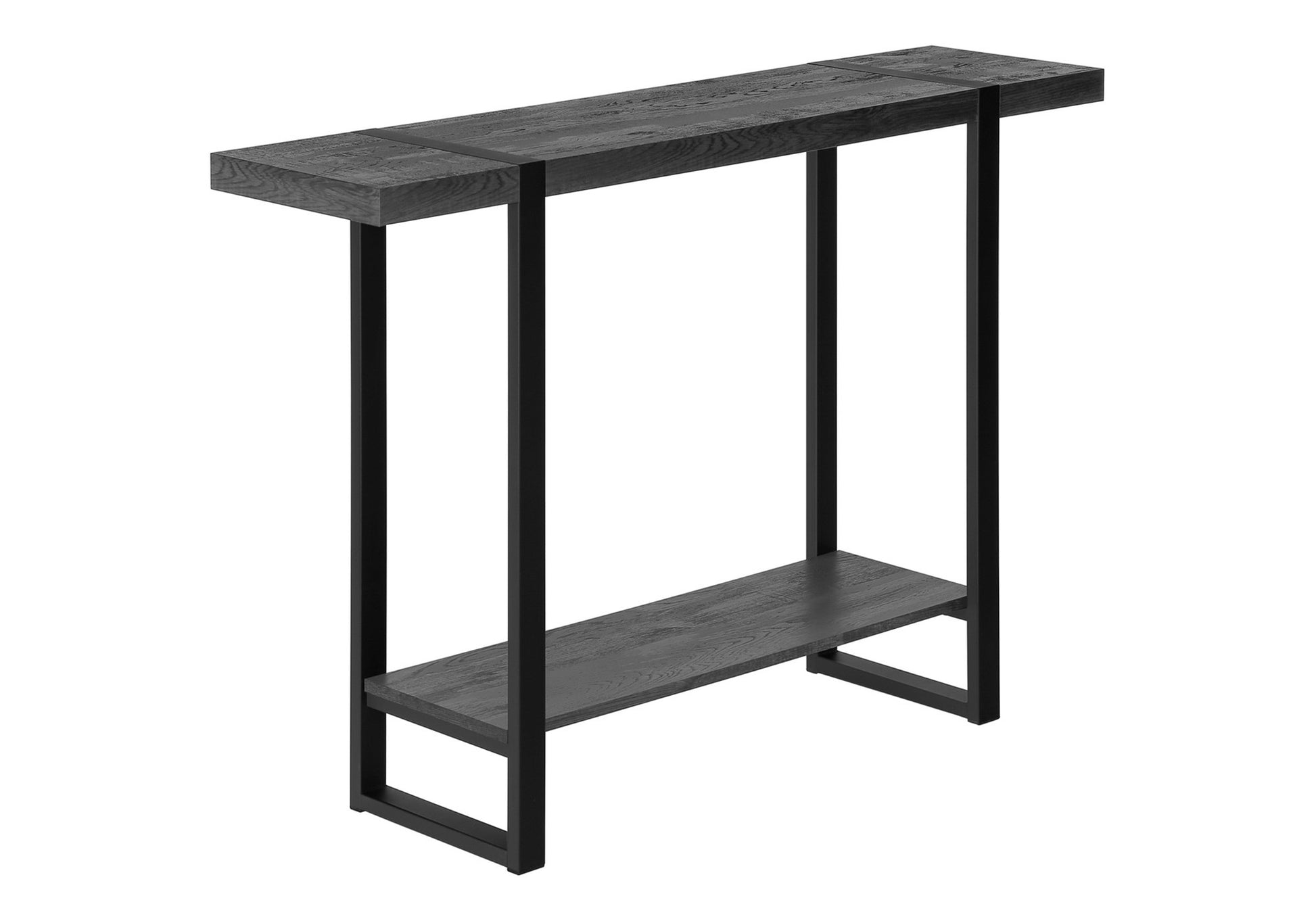 Modern black wood and metal console table with a lower shelf perfect for entryways