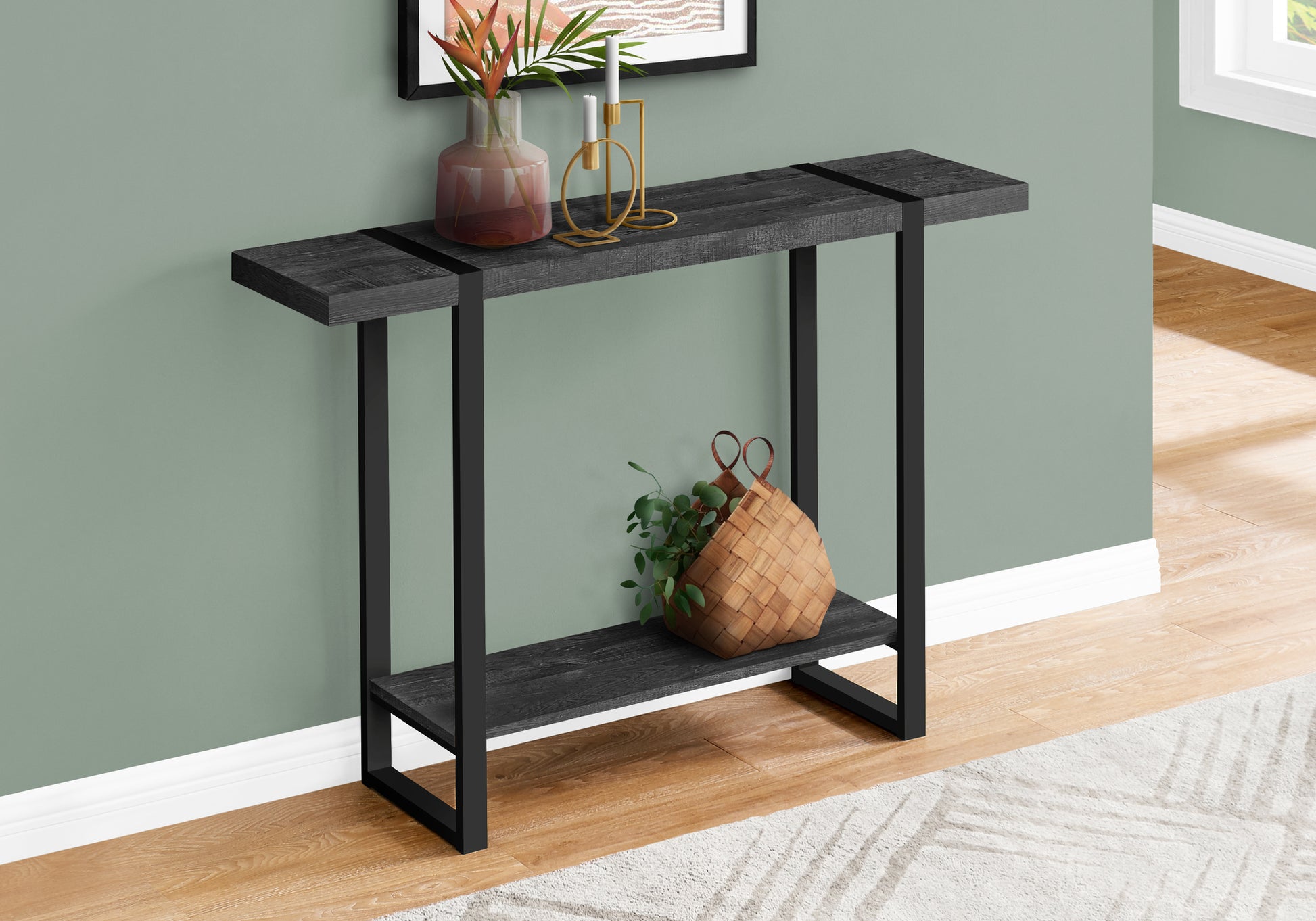 Dark grey distressed wood and black metal console table with two shelves