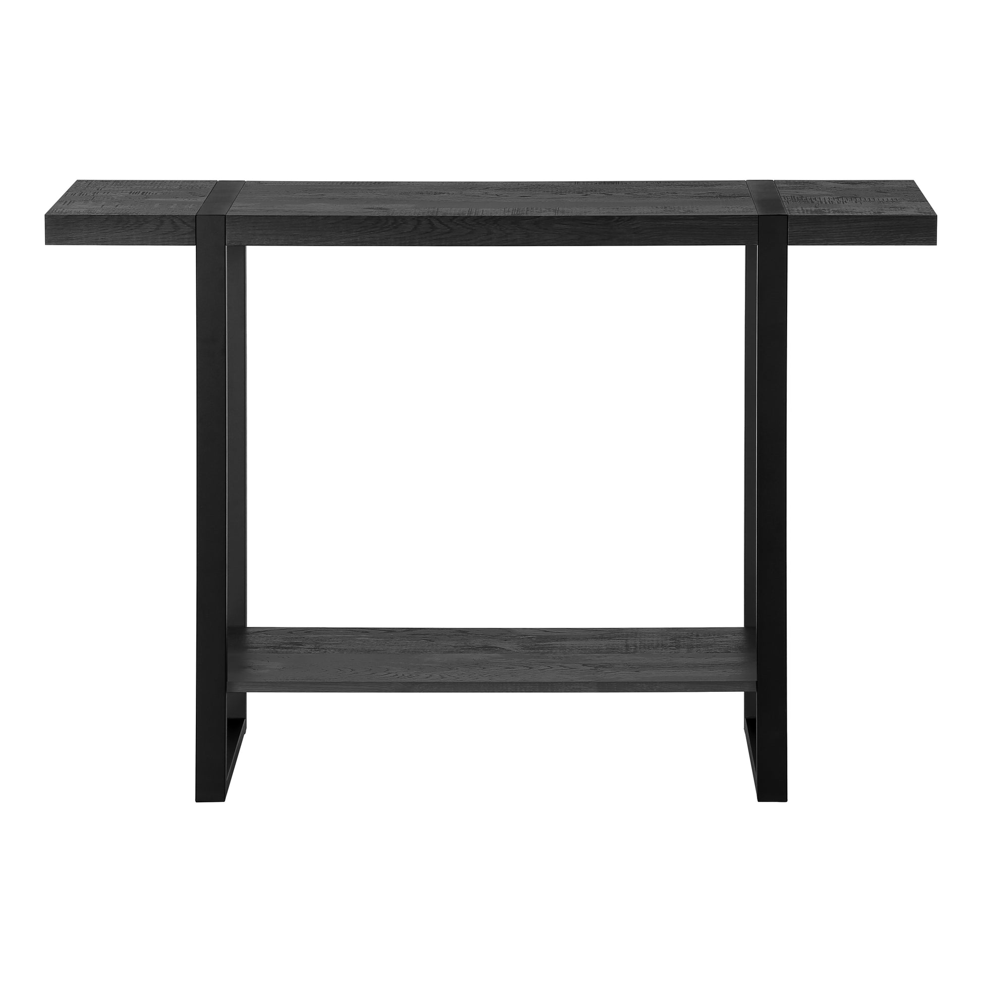 Dark grey wood and black metal console table with two shelves perfect for entryways