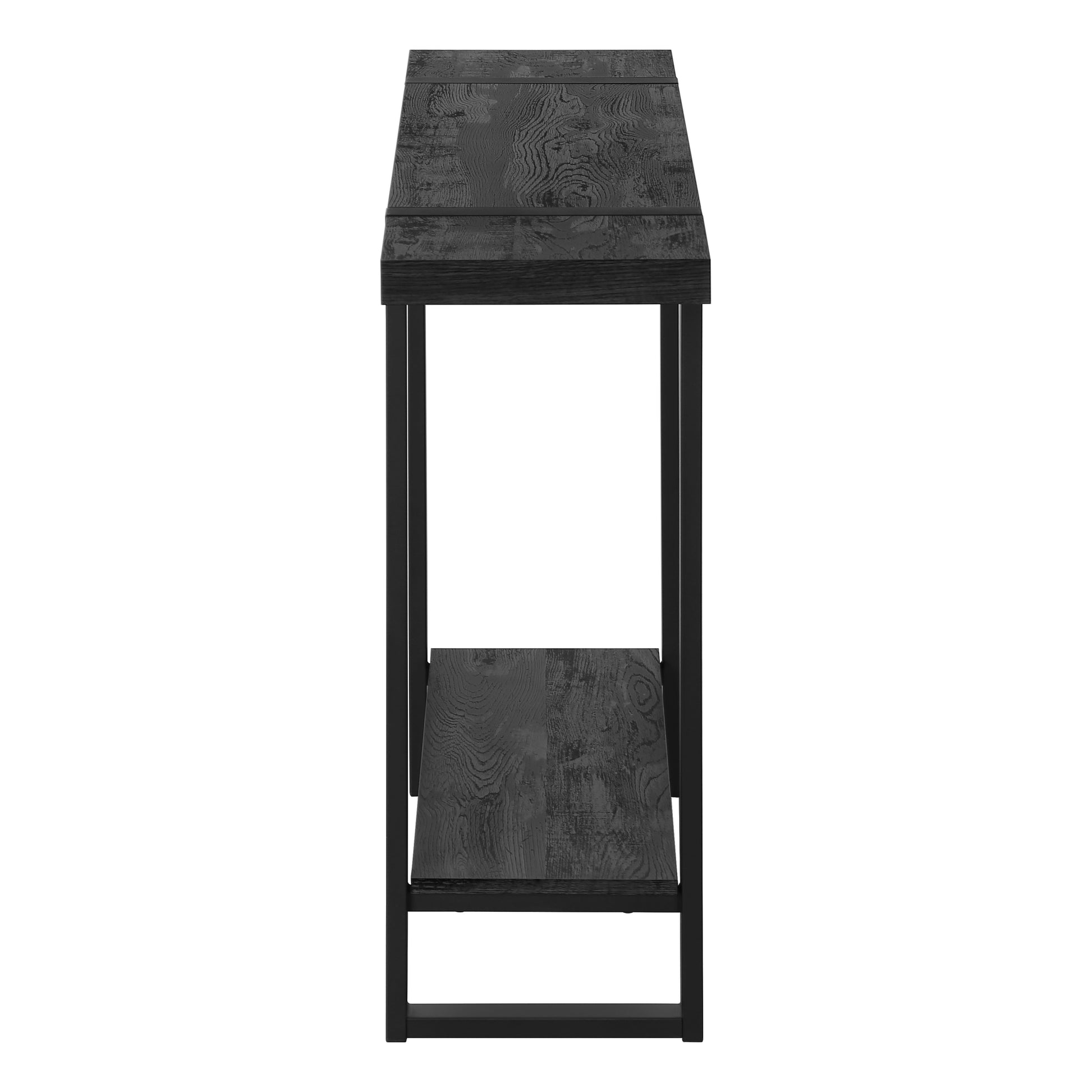 Black wood console table with metal frame and two shelves