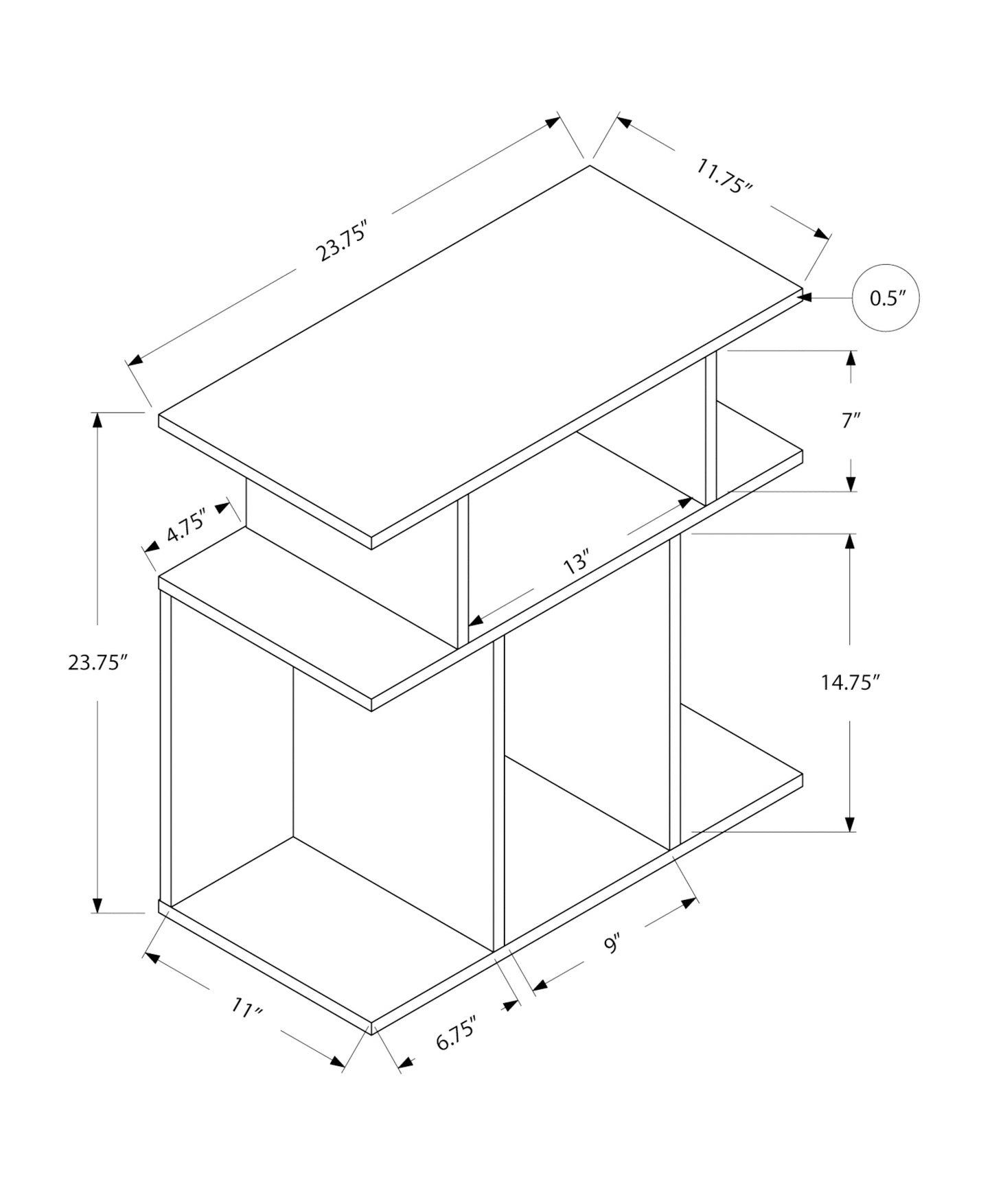 Modern open shelf side table with staggered shelves  H x  W x  L