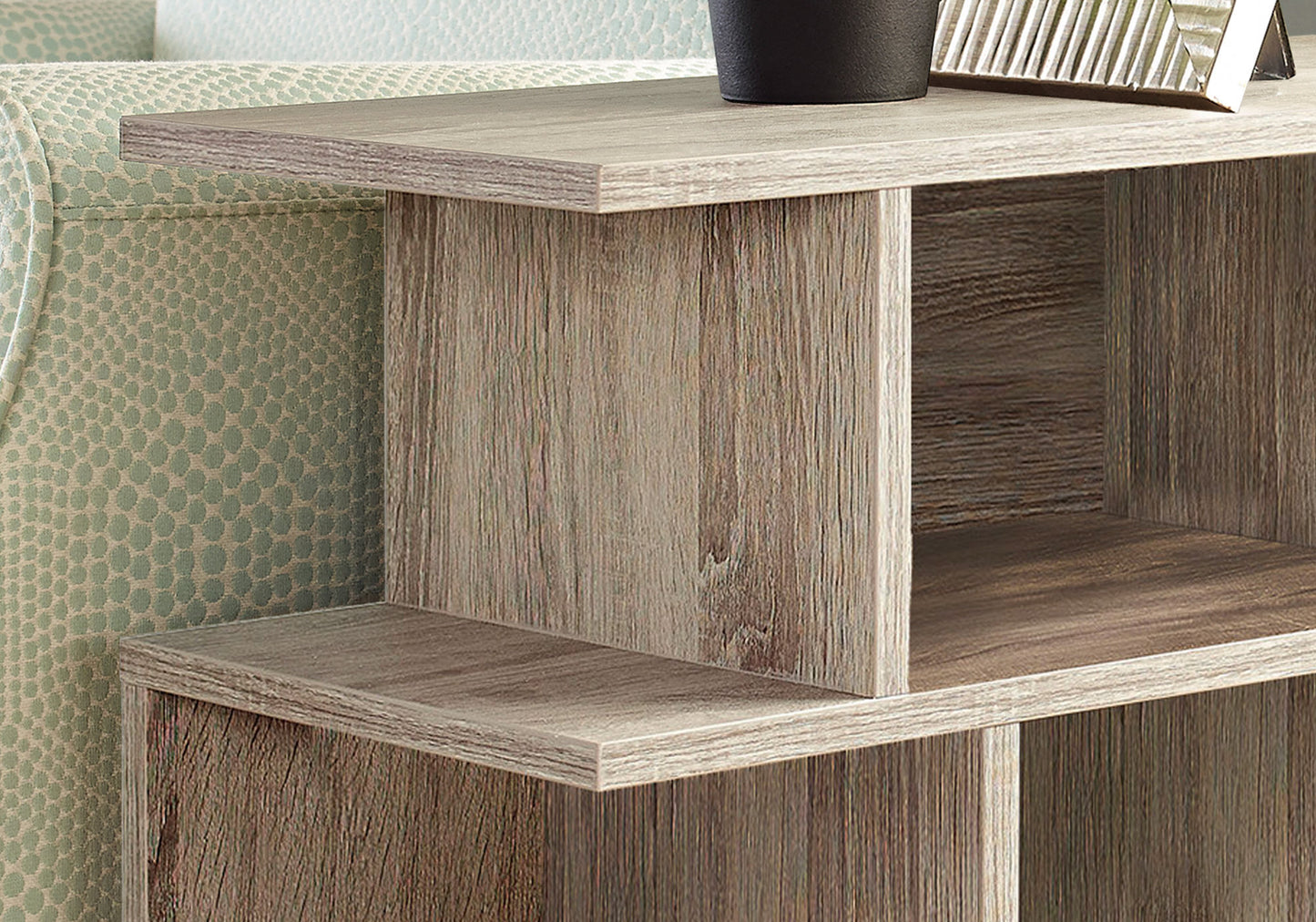 Rustic wood cube shelf unit with textured gray wood grain finish
