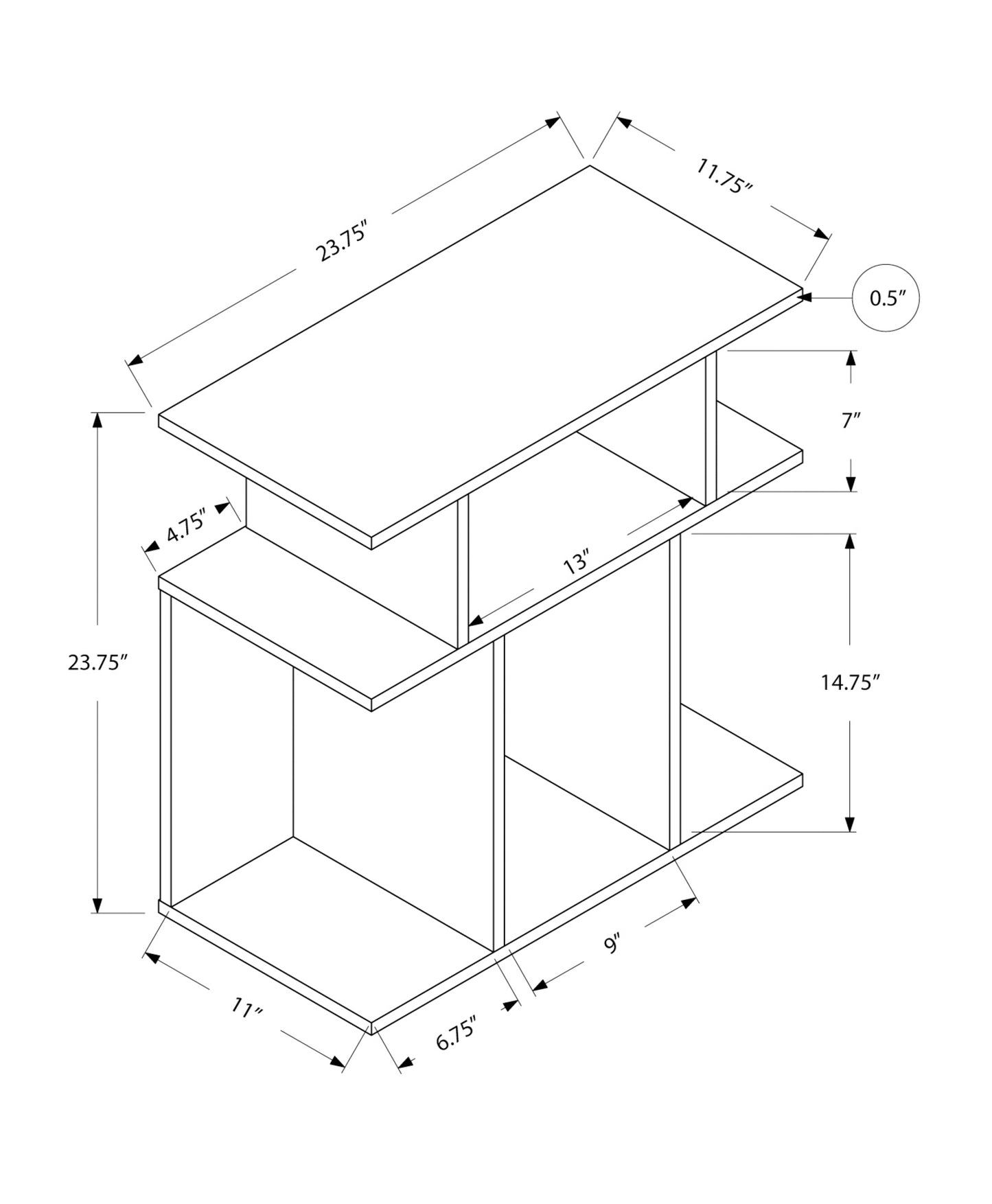 Diagram of a modern end table with open shelving and exact dimensions labeled for assembly