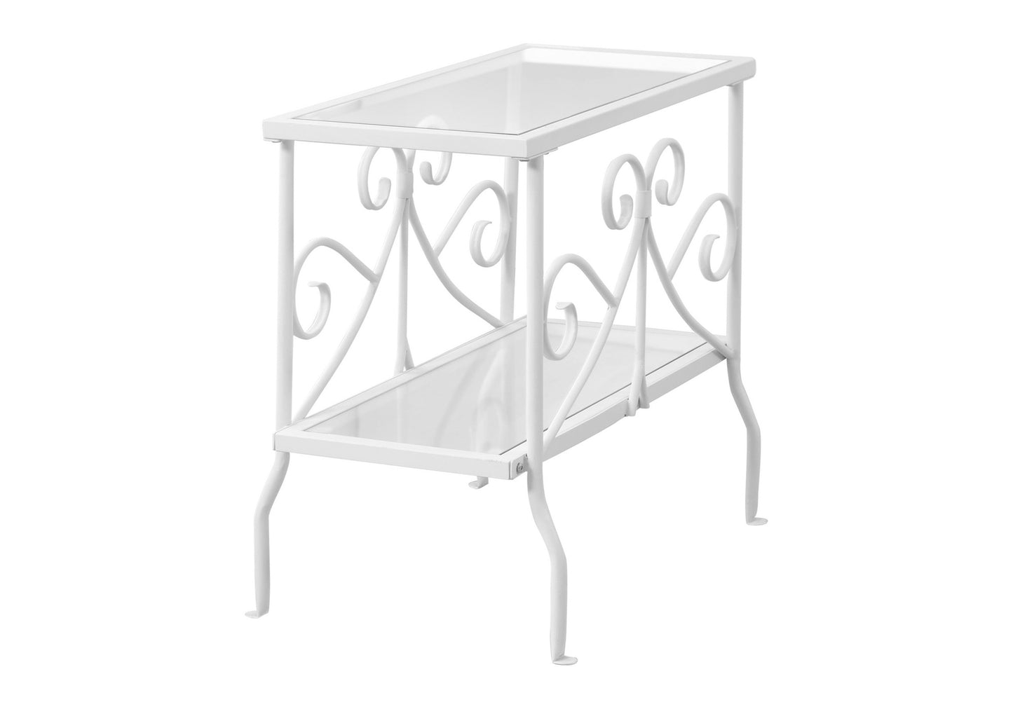 White wrought iron side table with ornate scrollwork and two glass shelves