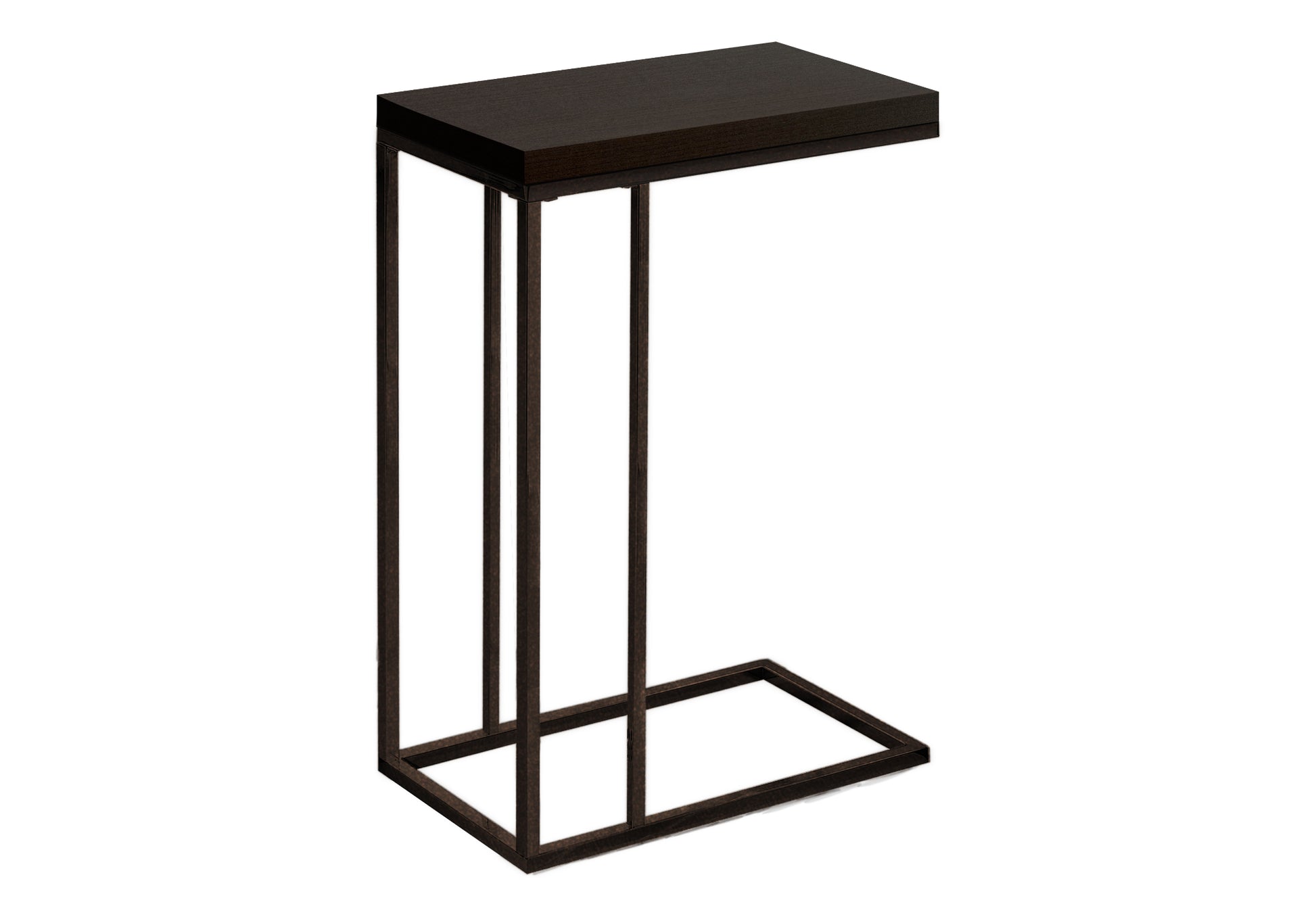 Dark wood ctable with a slim metal frame perfect for sofa side use