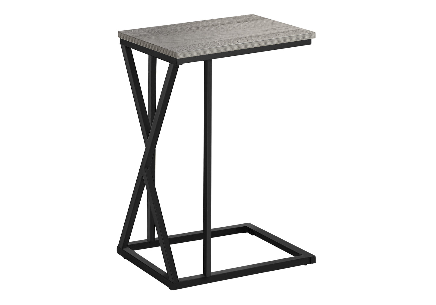 Gray wood grain accent table with black metal Cshaped frame perfect for side use