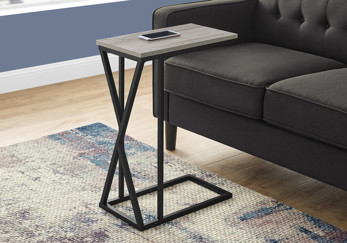 Rustic gray wood top C table with black metal twisted base perfect for small spaces