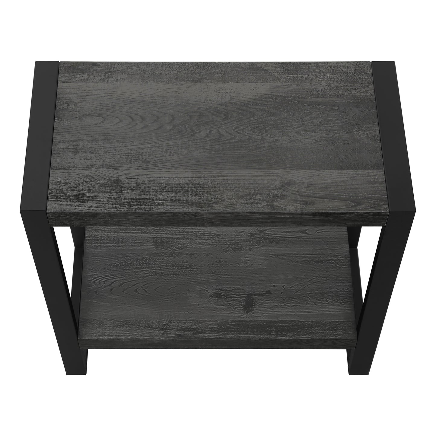 Dark wood console table with black metal frame and two shelves