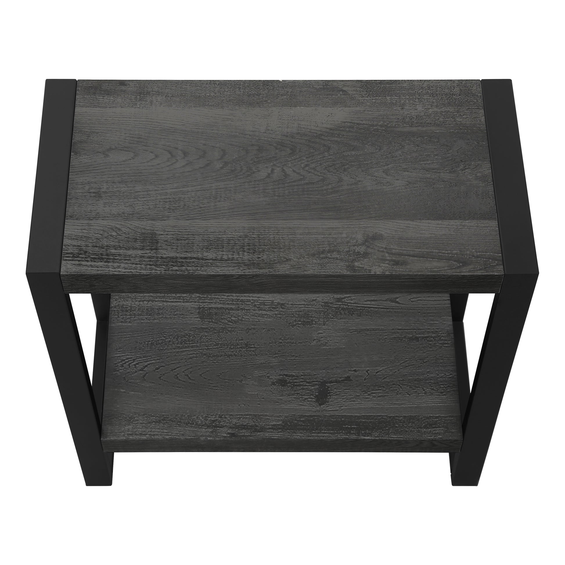 Dark wood console table with black metal frame and two shelves