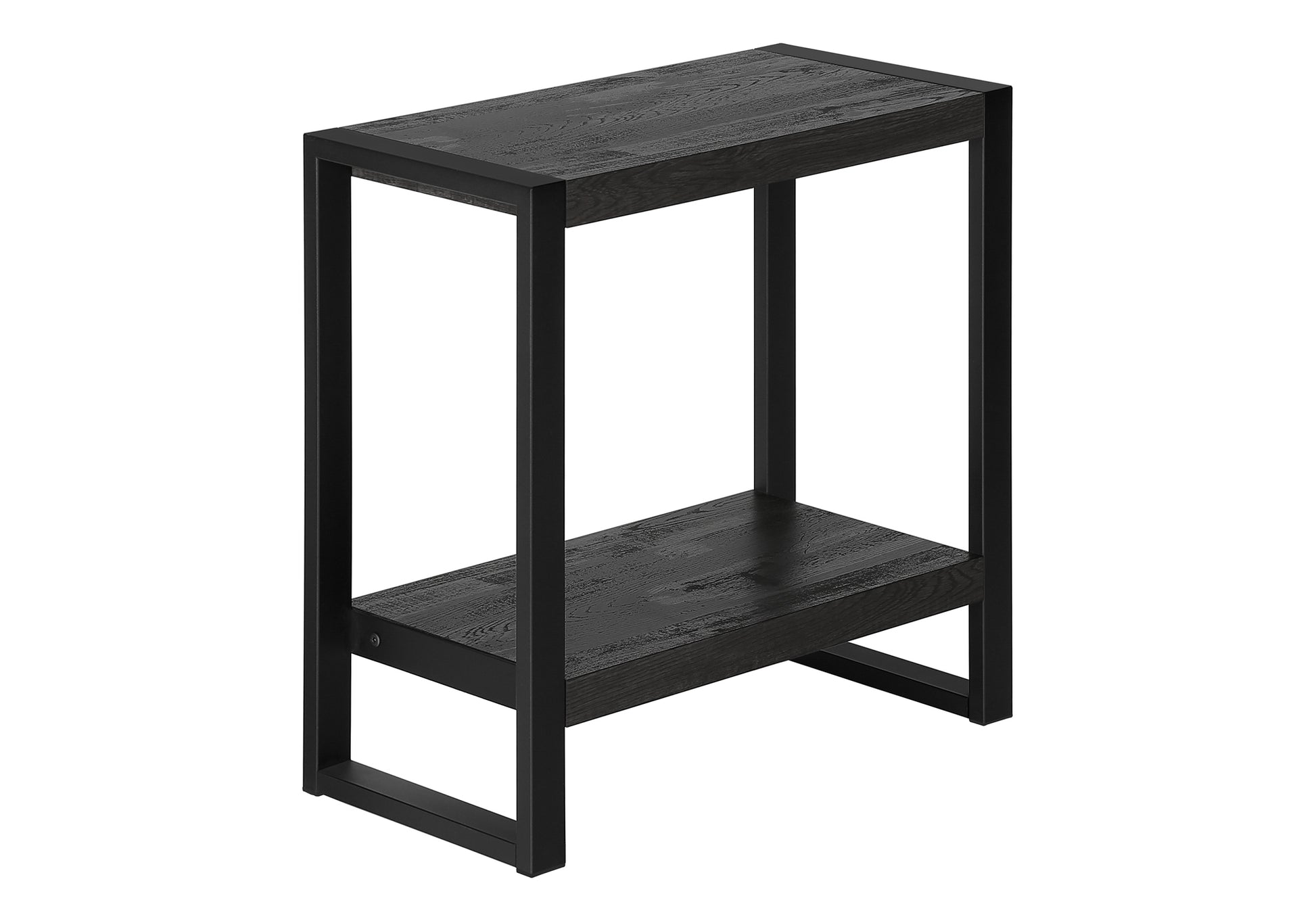 Black metal end table with two dark wood grain shelves modern industrial design
