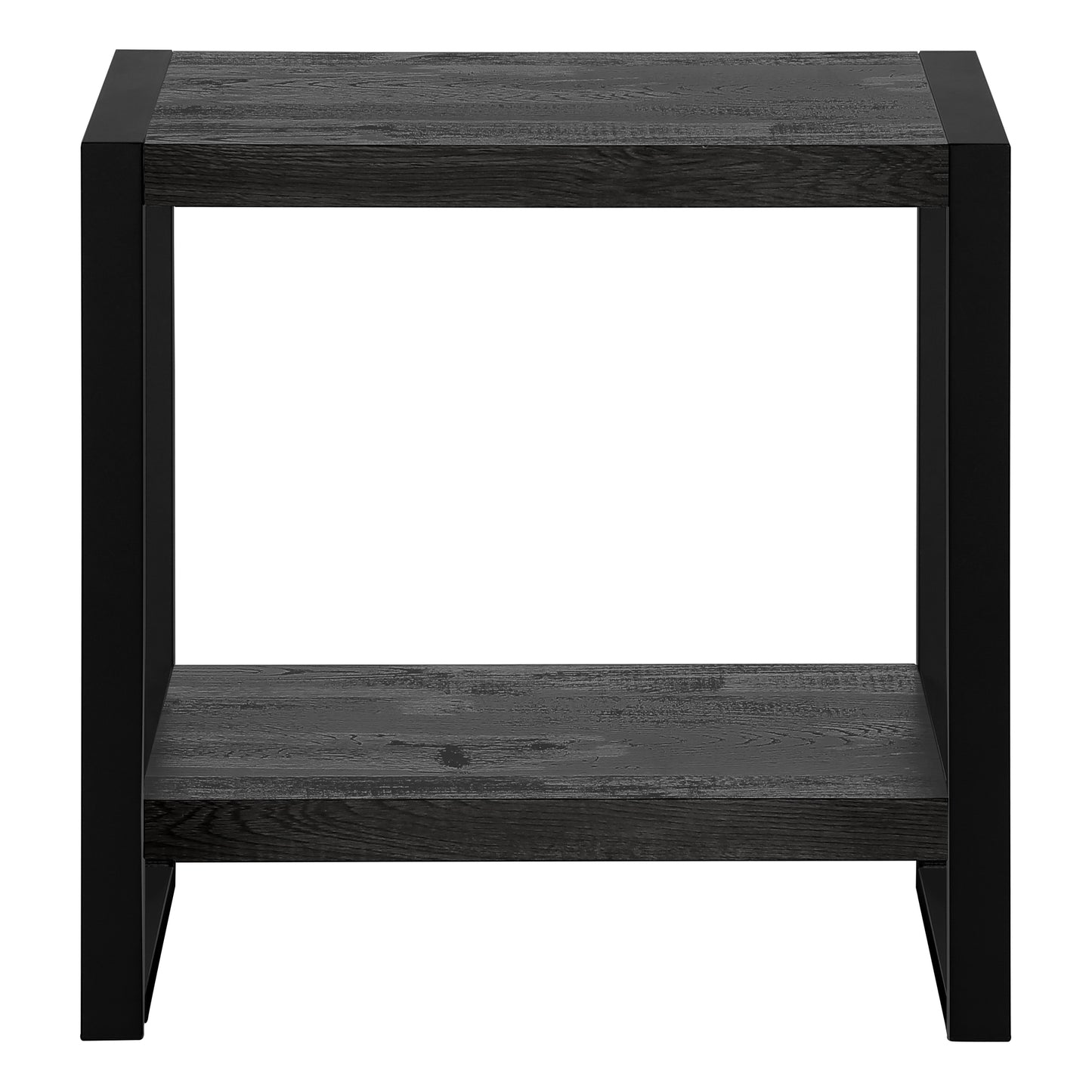 Dark wood side table with black metal frame and two shelves