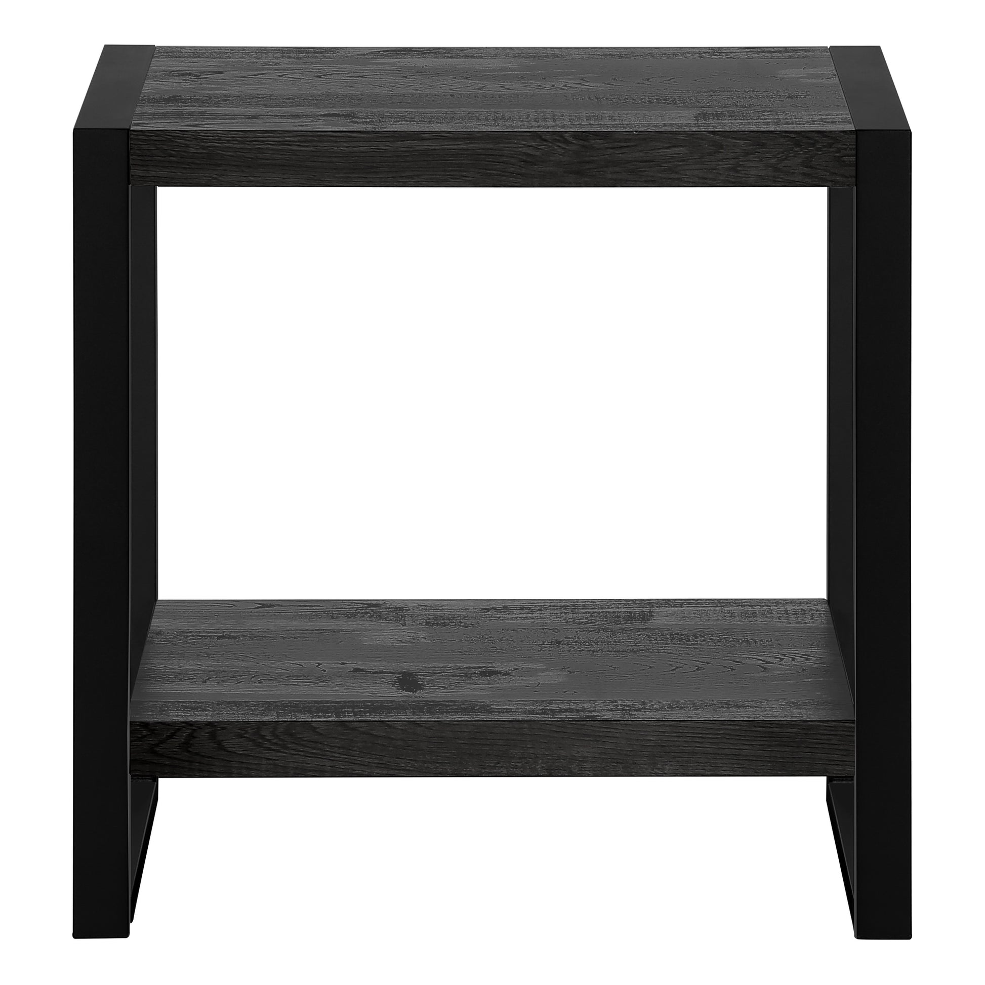 Dark wood side table with black metal frame and two shelves